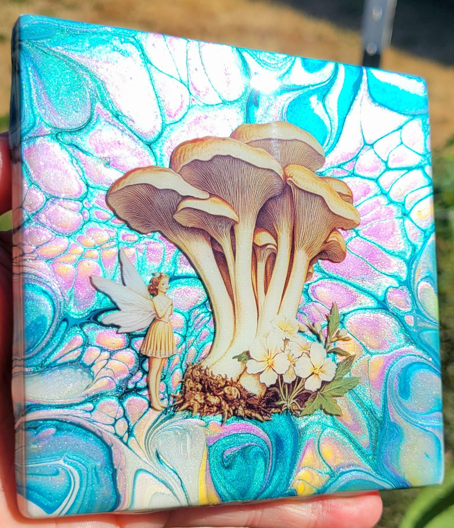 Fluid Art Bloom on a 4.25 inch Tile/Coaster with Cork Bottom