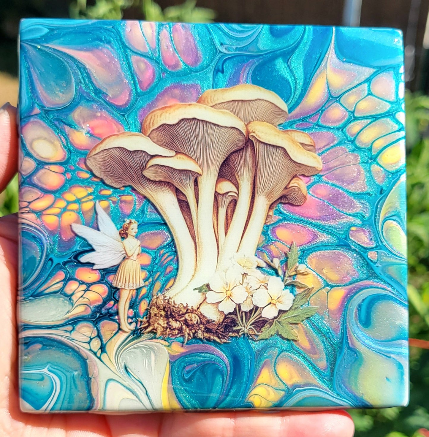 Fluid Art Bloom on a 4.25 inch Tile/Coaster with Cork Bottom