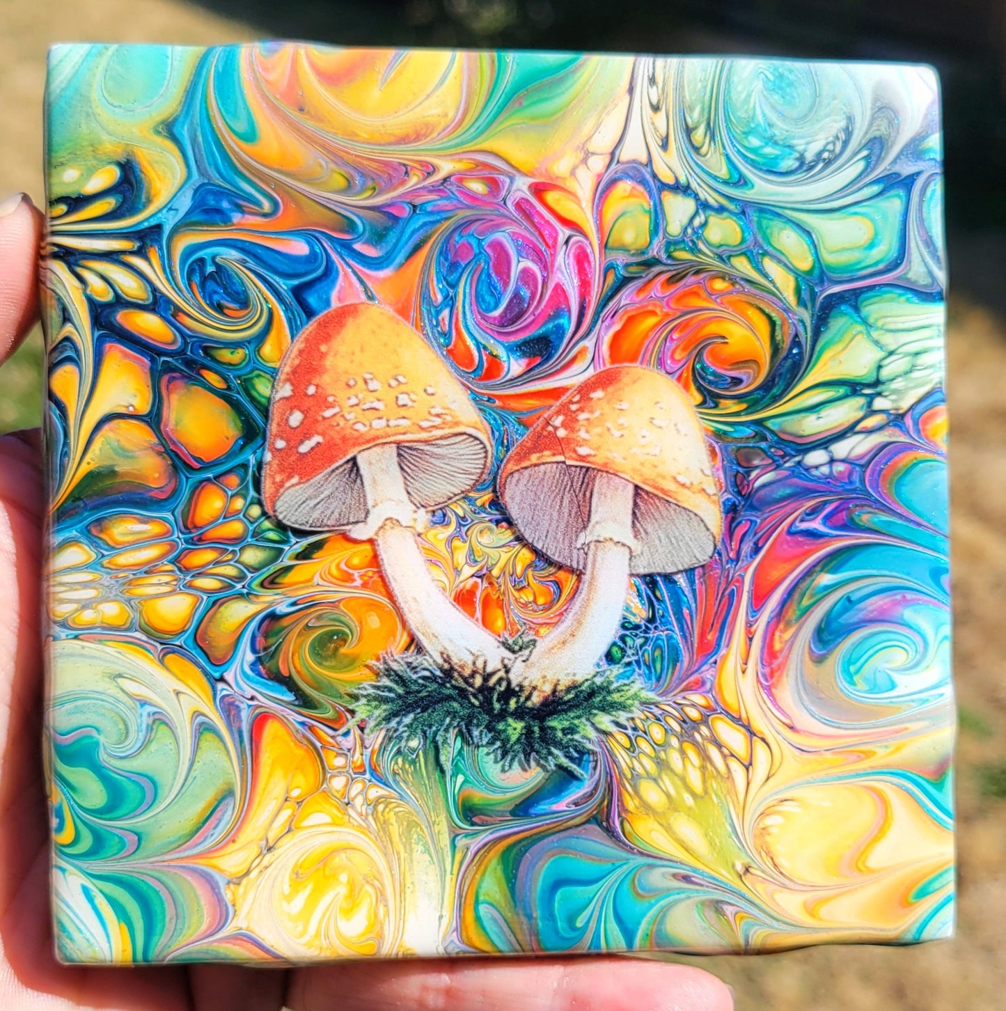 Fluid Art Bloom on a 4.25 inch Tile/Coaster with Cork Bottom