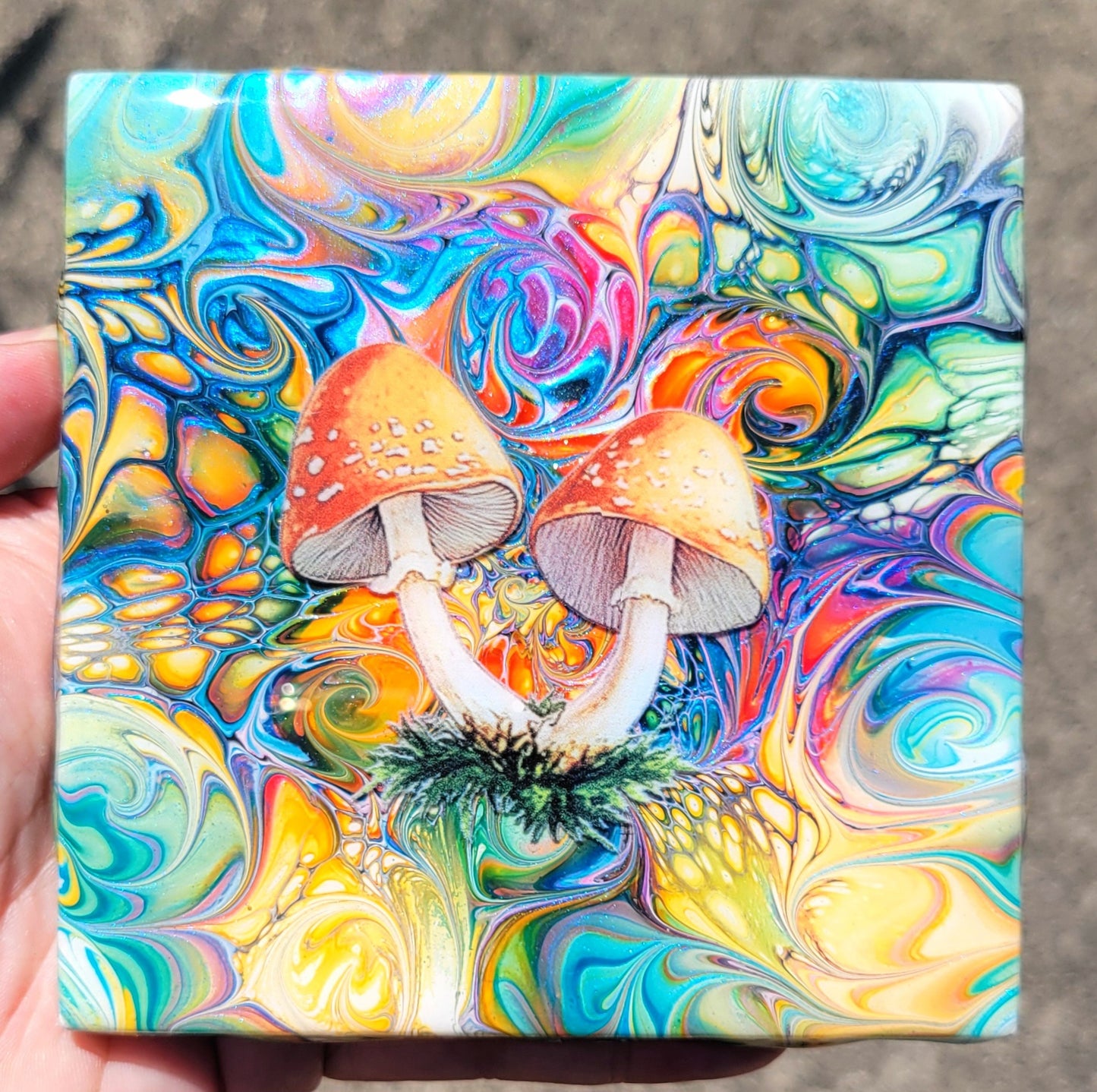 Fluid Art Bloom on a 4.25 inch Tile/Coaster with Cork Bottom