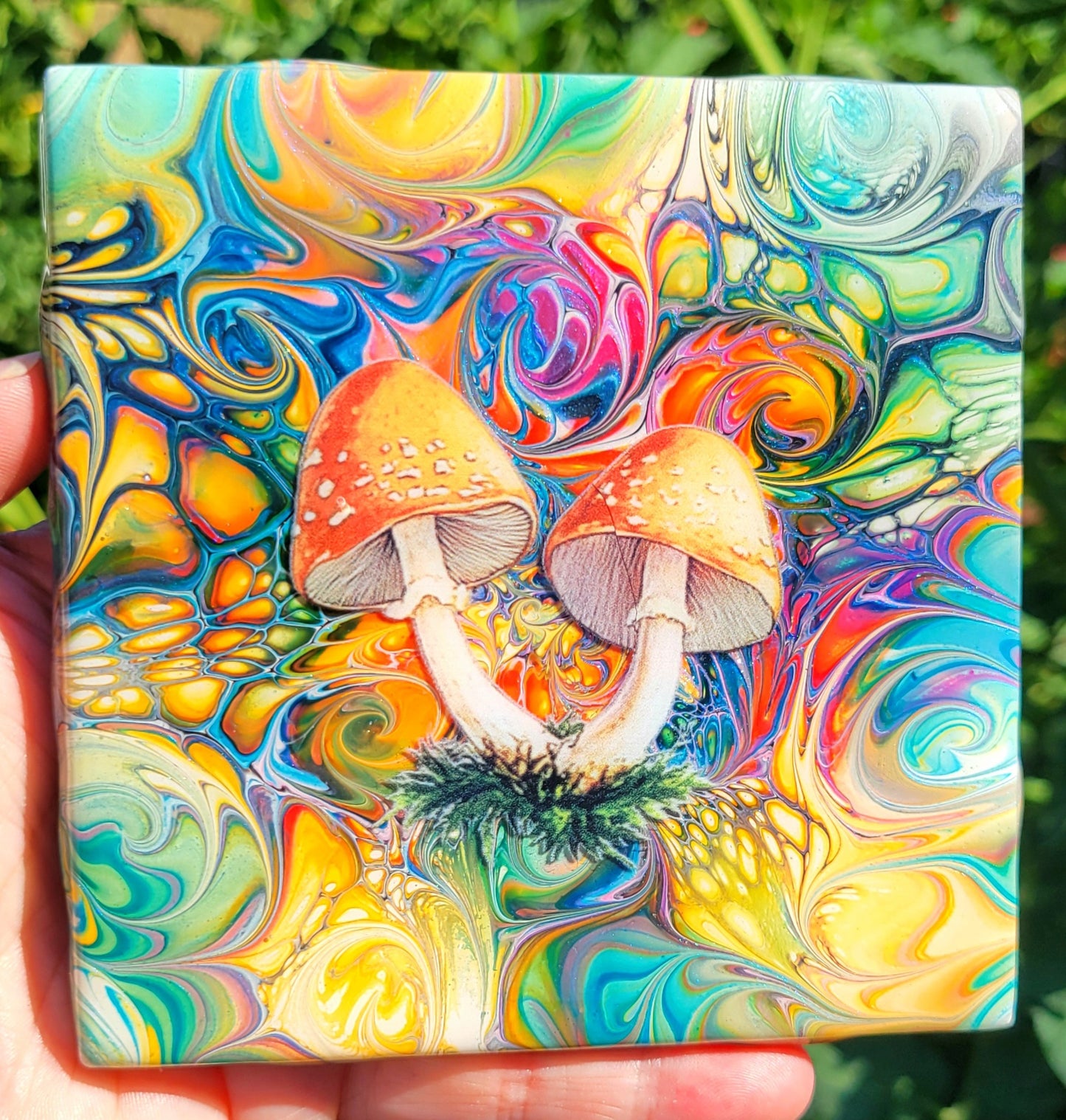 Fluid Art Bloom on a 4.25 inch Tile/Coaster with Cork Bottom
