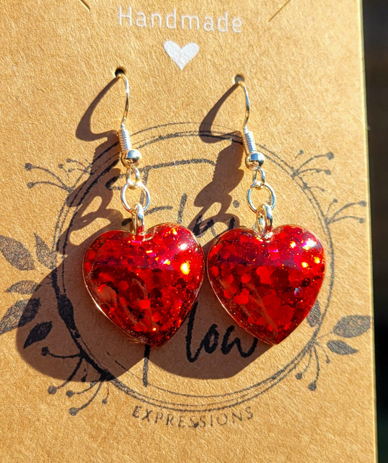 Handmade Sparkling Red Heart Earrings on Silver Hooks