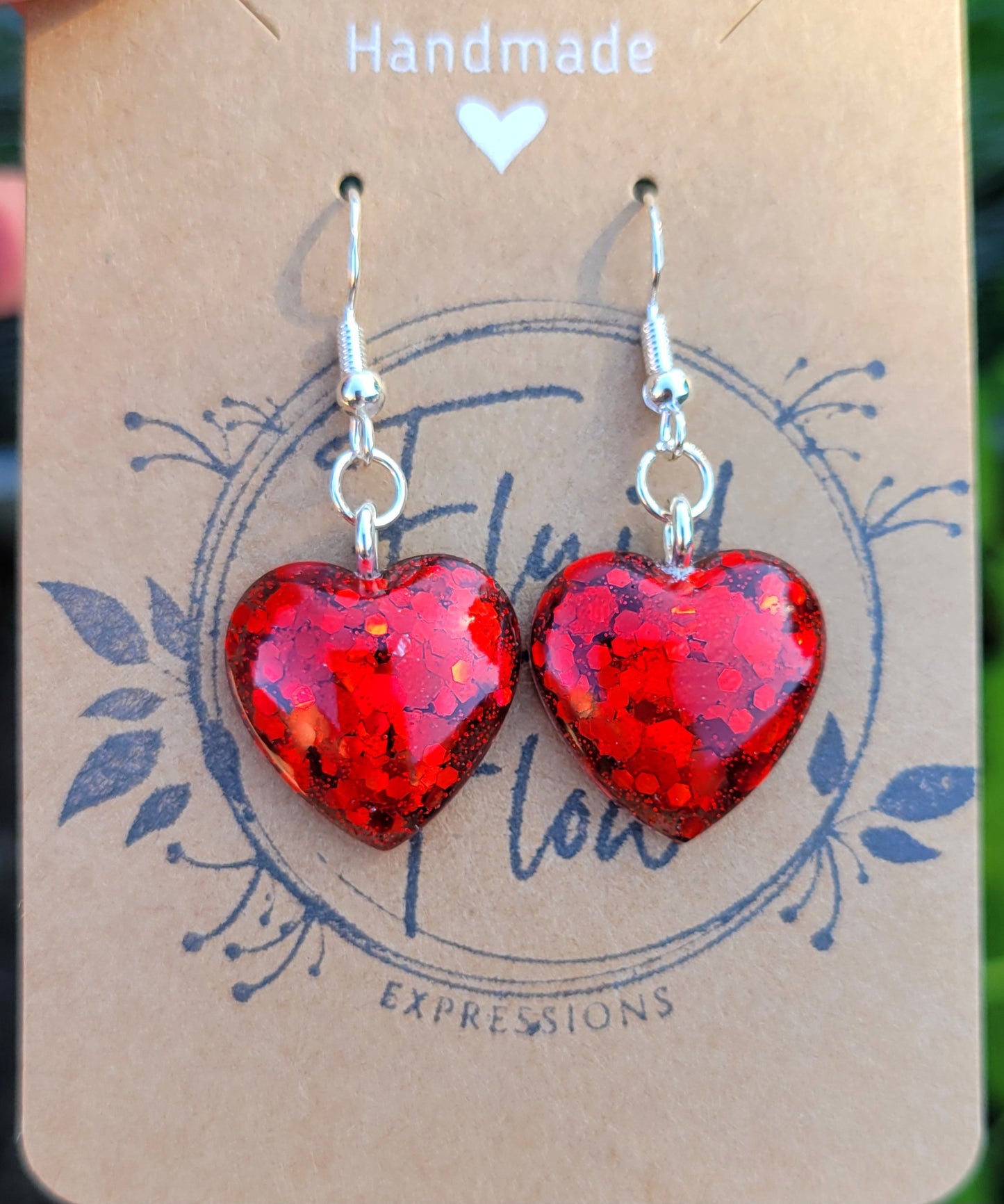 Handmade Sparkling Red Heart Earrings on Silver Hooks