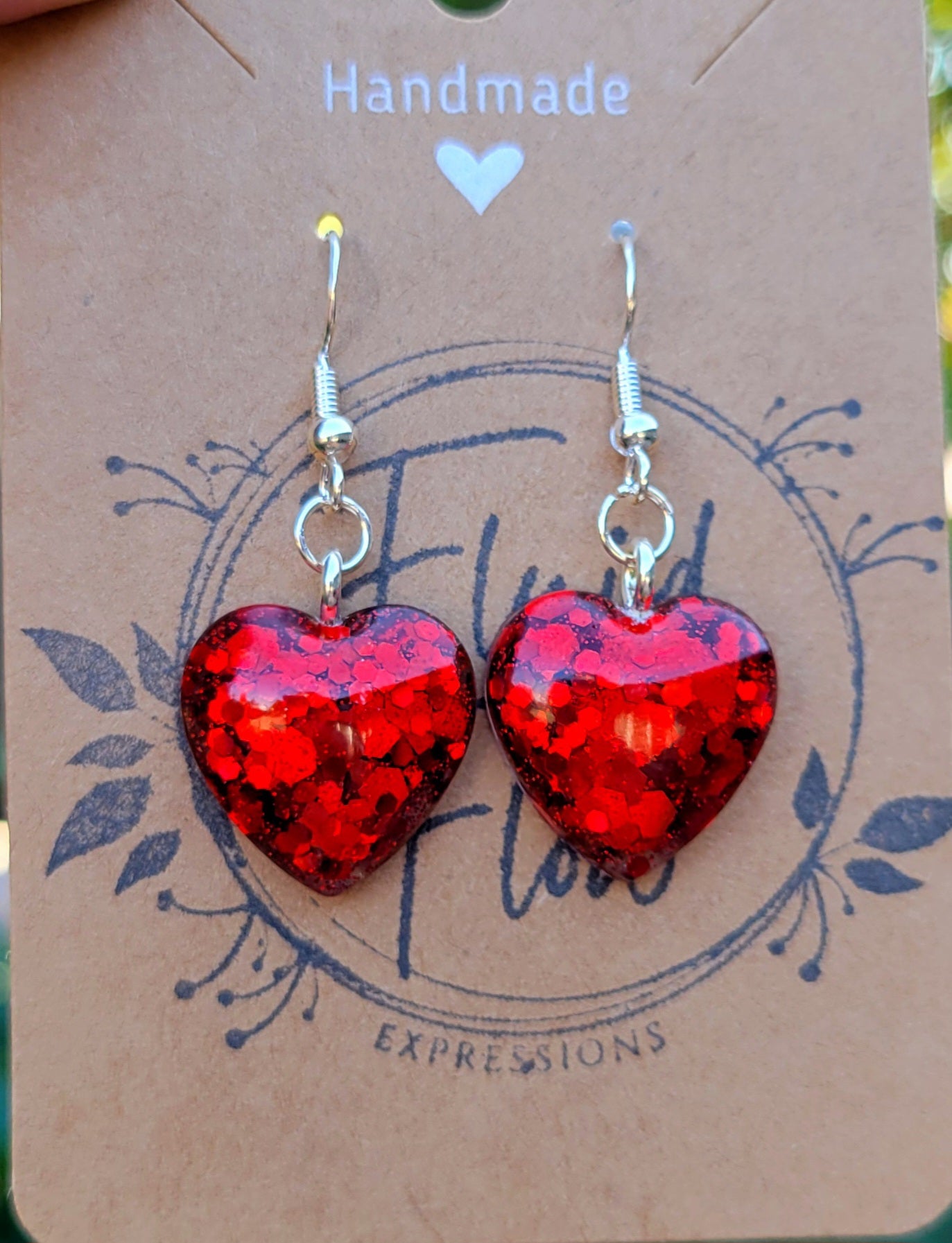 Handmade Sparkling Red Heart Earrings on Silver Hooks