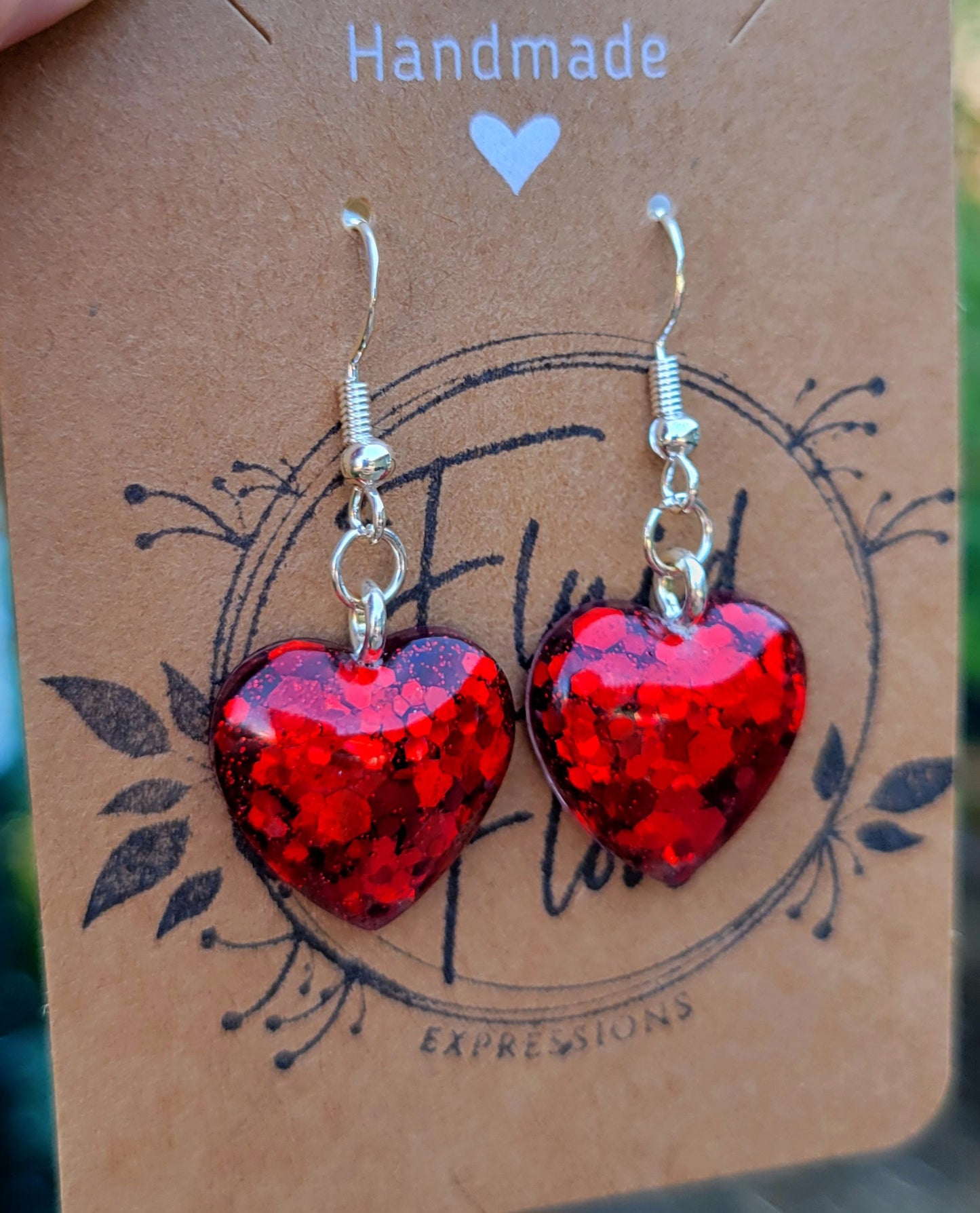 Handmade Sparkling Red Heart Earrings on Silver Hooks