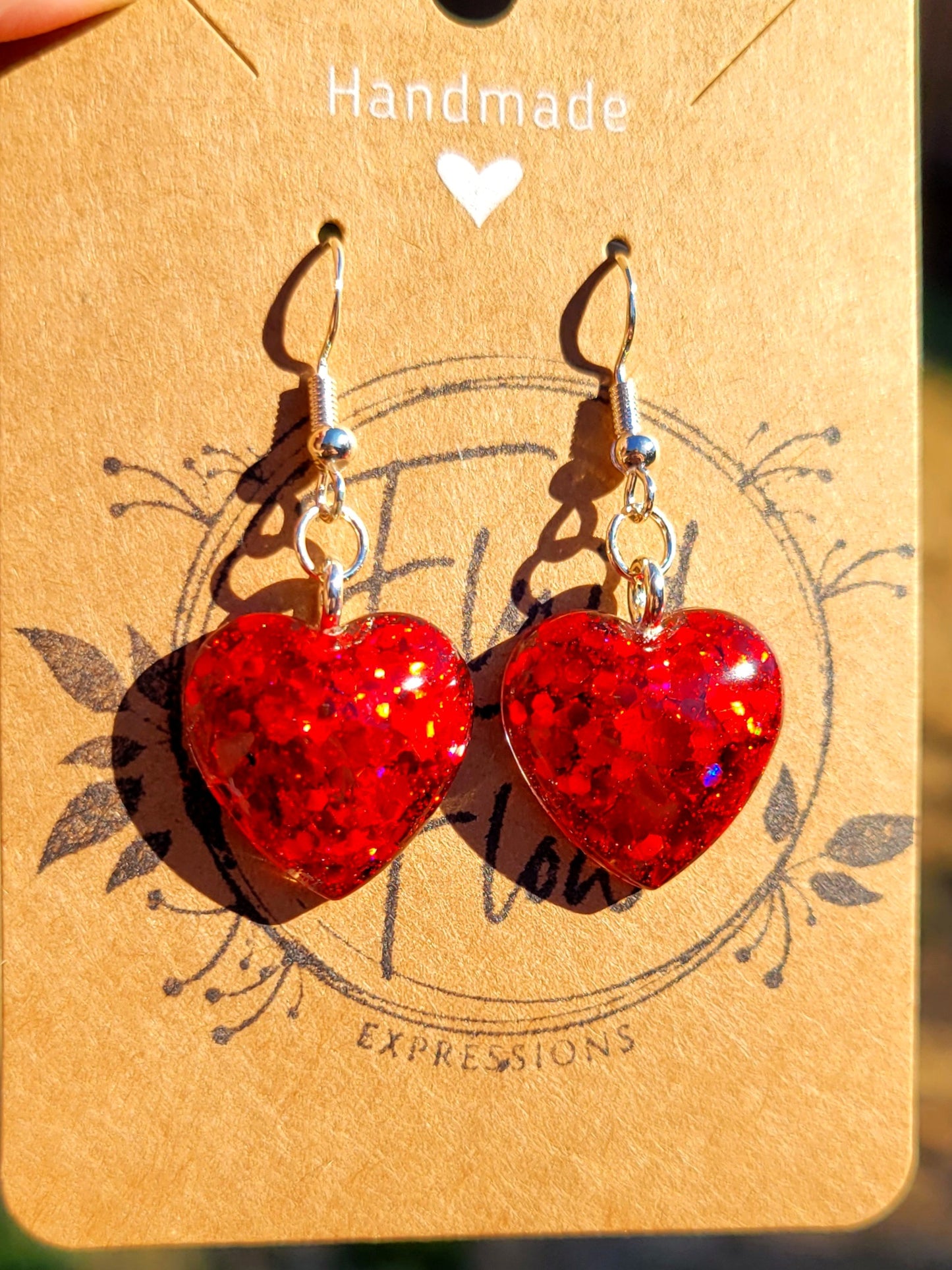 Handmade Sparkling Red Heart Earrings on Silver Hooks