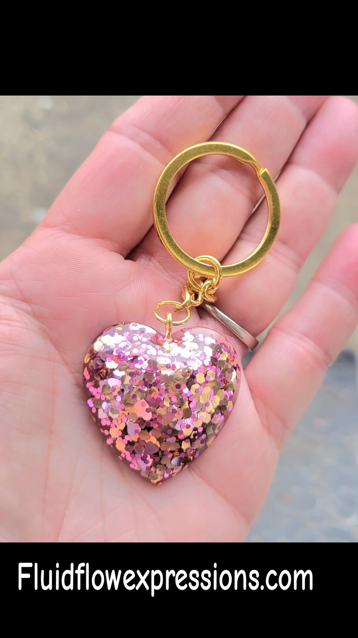 Handmade Sparkling Pink Heart Pendant on Gold Keychain