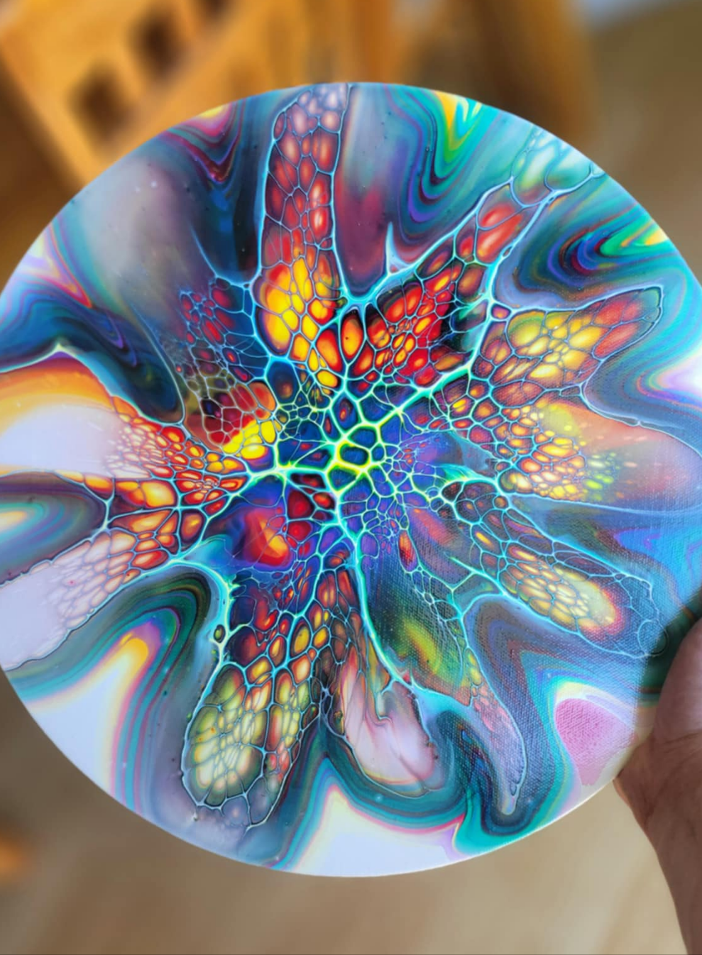 Original Fluid Art Bloom Painting 14x14 Inch Round Canvas