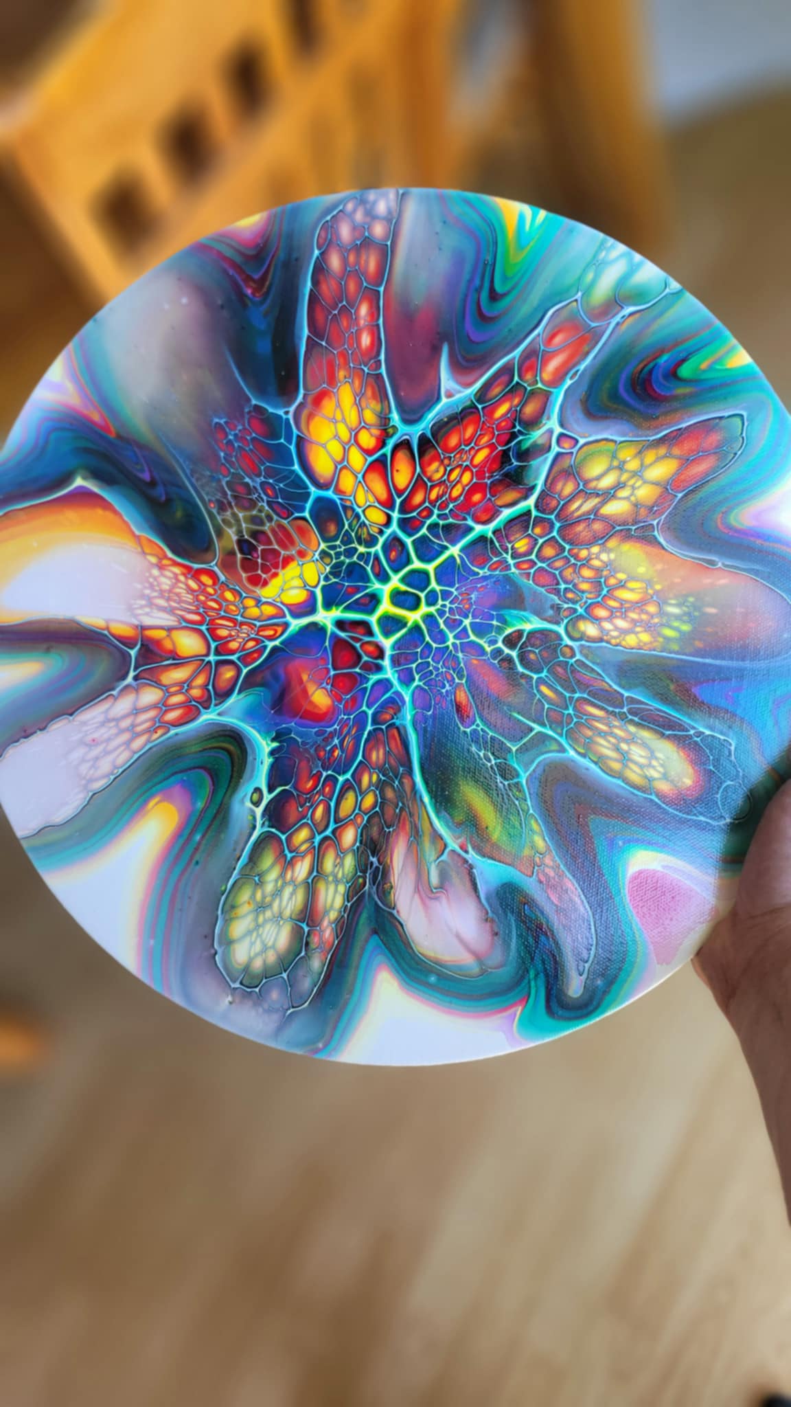 Original Fluid Art Bloom Painting 14x14 Inch Round Canvas