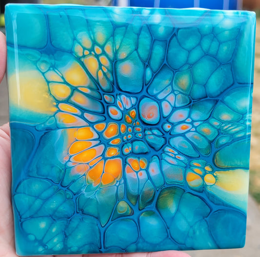 Fluid Art Bloom on 4.25 inch tile/Coaster with Cork Bottom