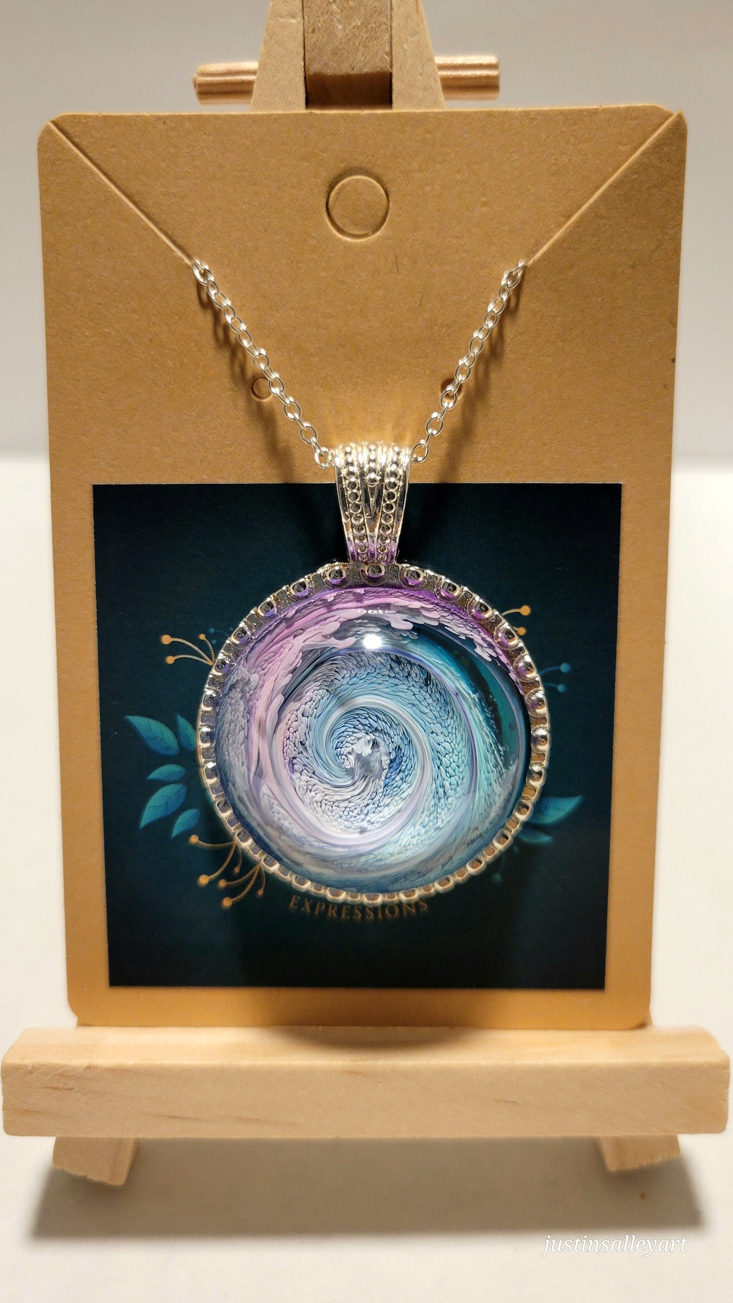 Handmade Resin Art Pendant 'Double Sided" with 18 inch silver plated necklace chain.