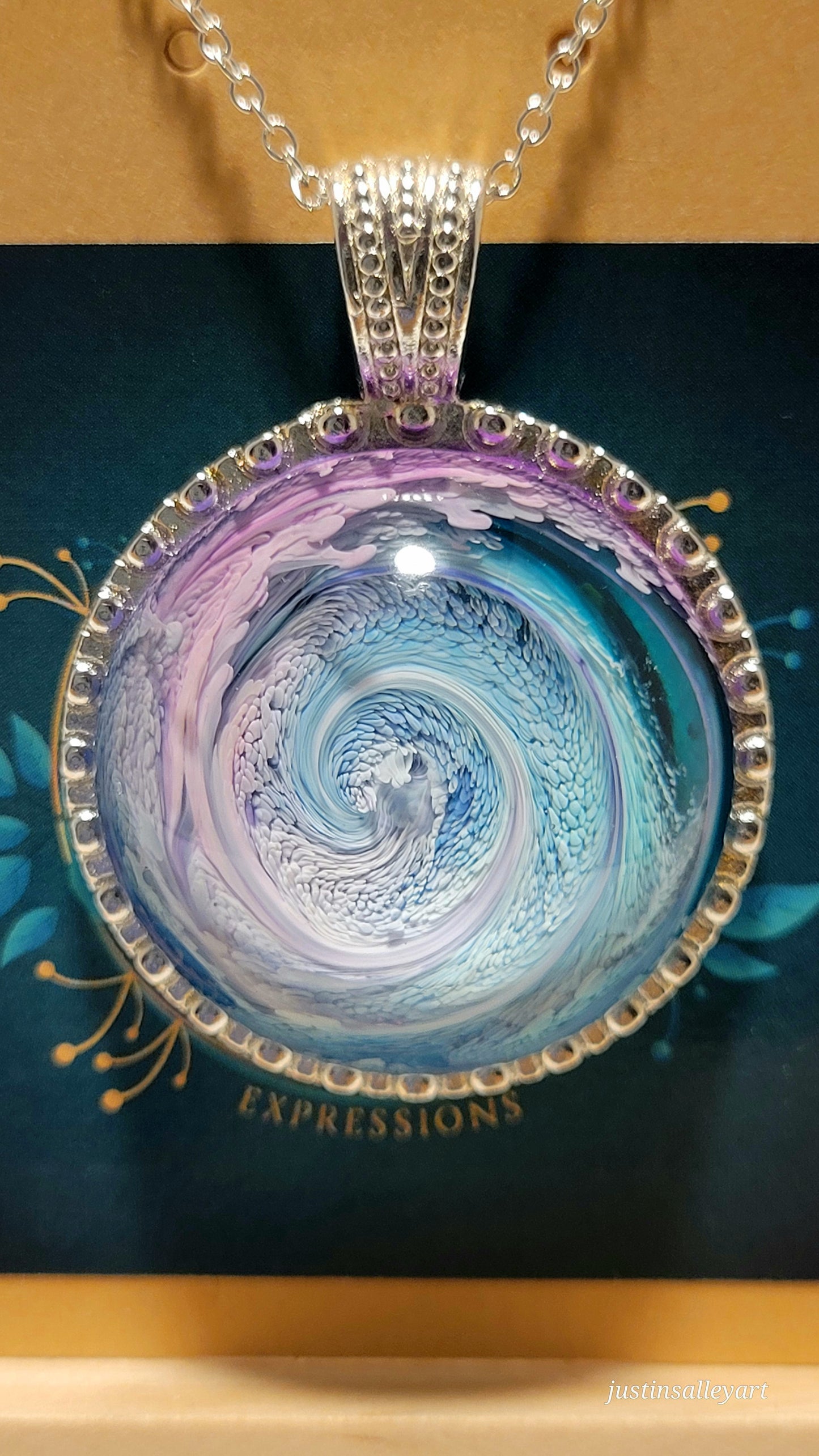 Handmade Resin Art Pendant 'Double Sided" with 18 inch silver plated necklace chain.