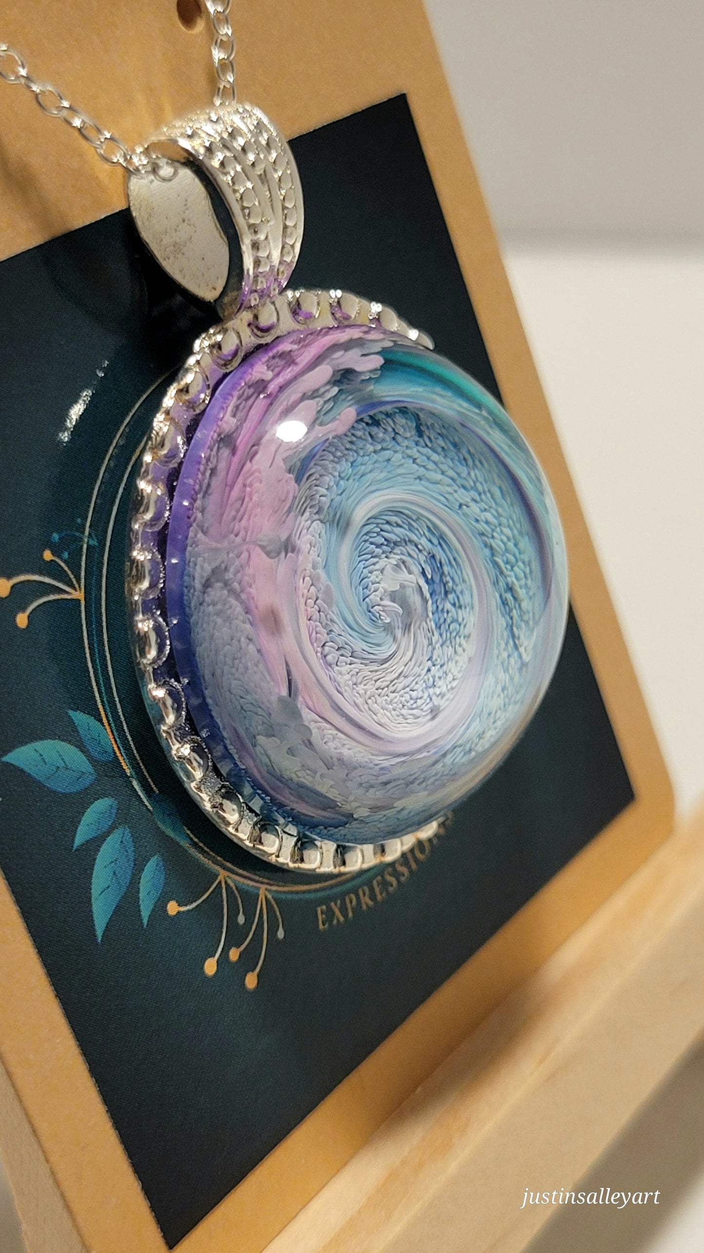 Handmade Resin Art Pendant 'Double Sided" with 18 inch silver plated necklace chain.