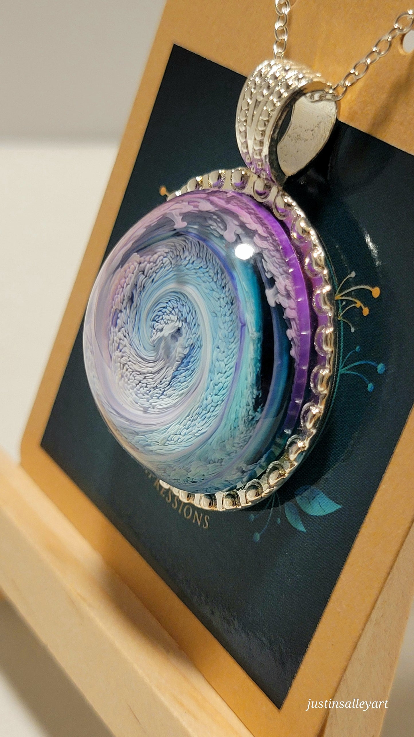 Handmade Resin Art Pendant 'Double Sided" with 18 inch silver plated necklace chain.