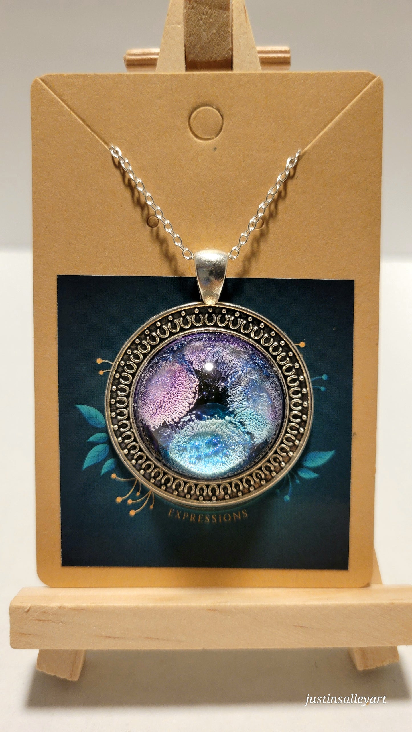 Handmade Resin Art Pendant "Anemone Garden" with 18 inch silver plated necklace chain.