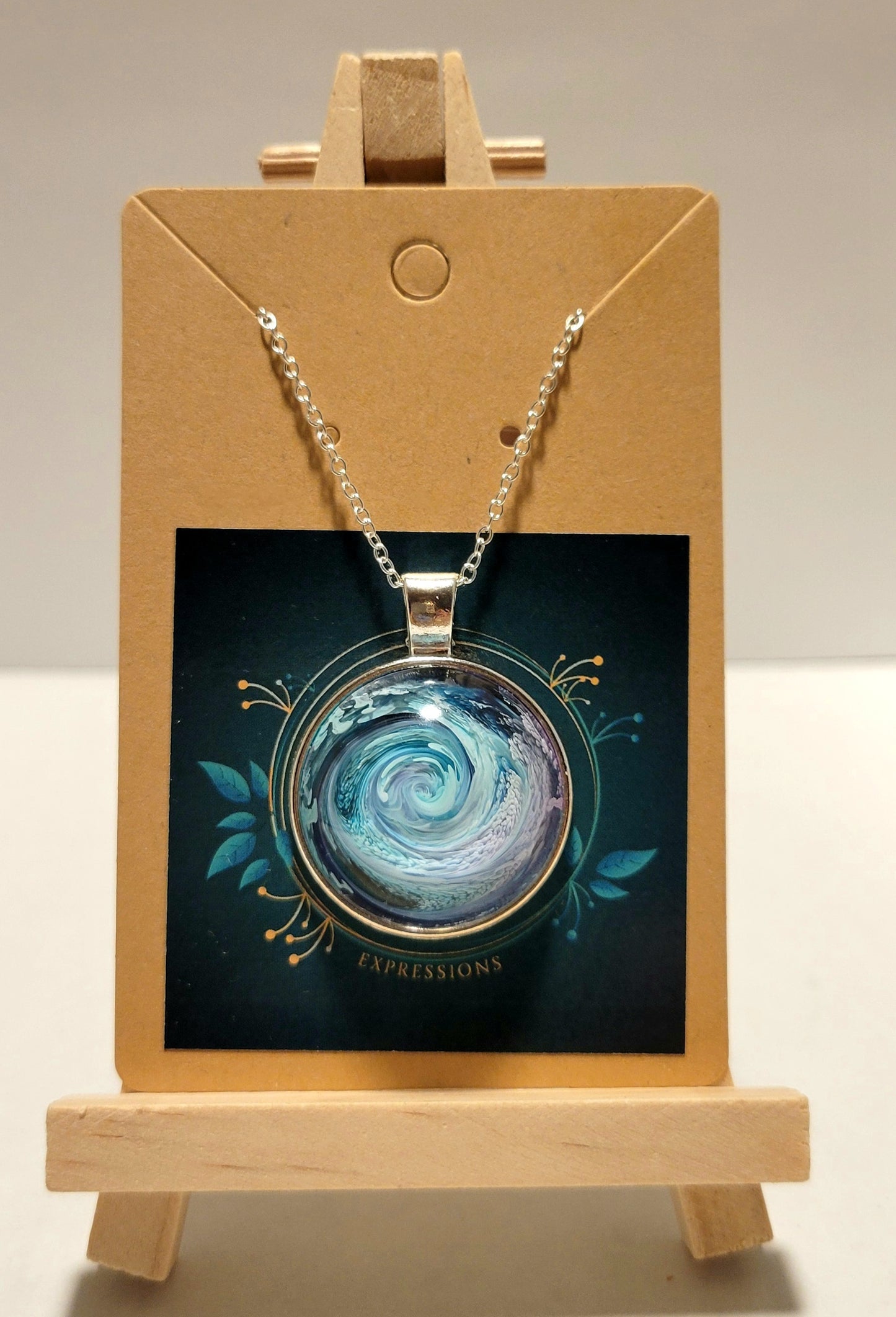 Handmade Resin Art Pendant with 18 inch silver plated necklace chain.