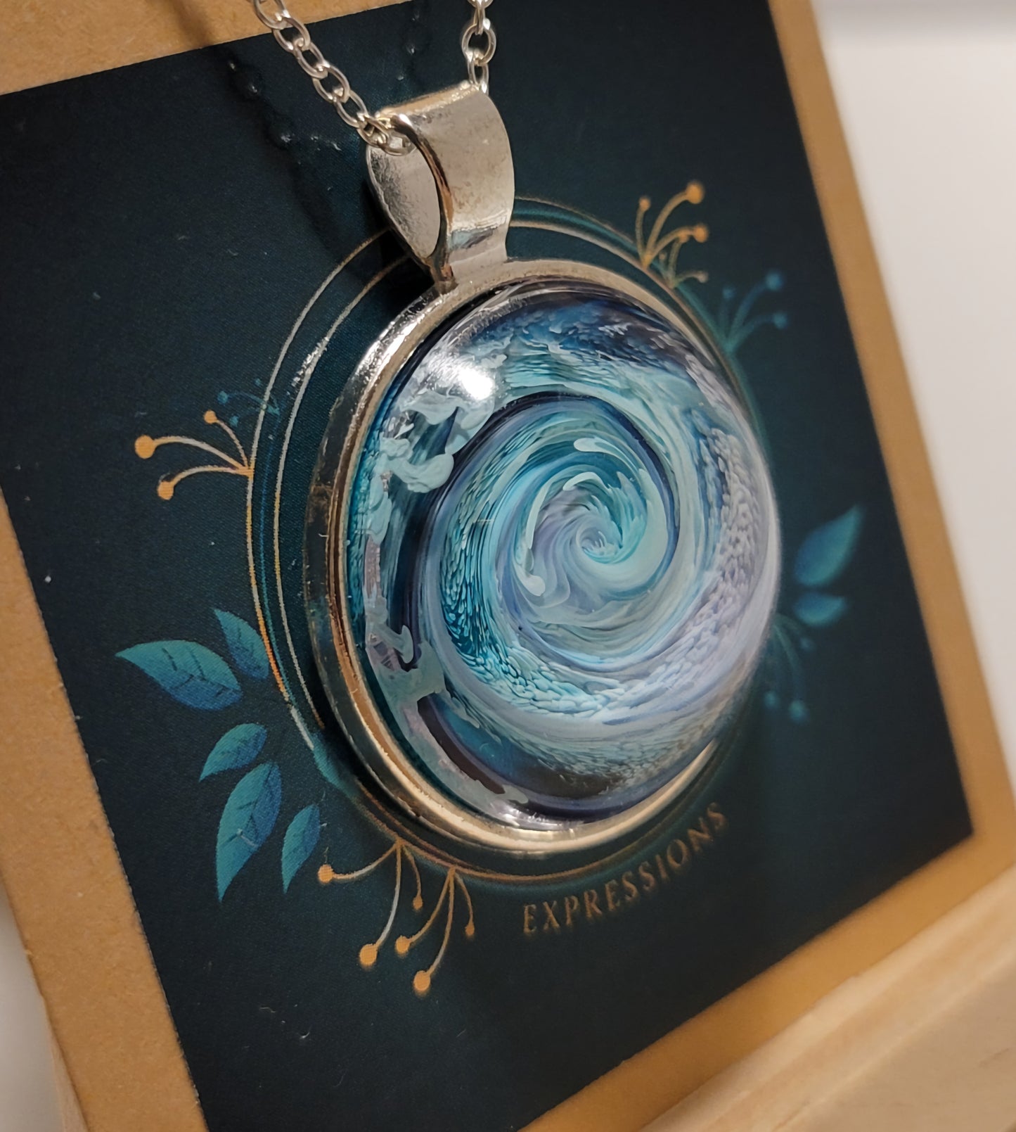 Handmade Resin Art Pendant with 18 inch silver plated necklace chain.