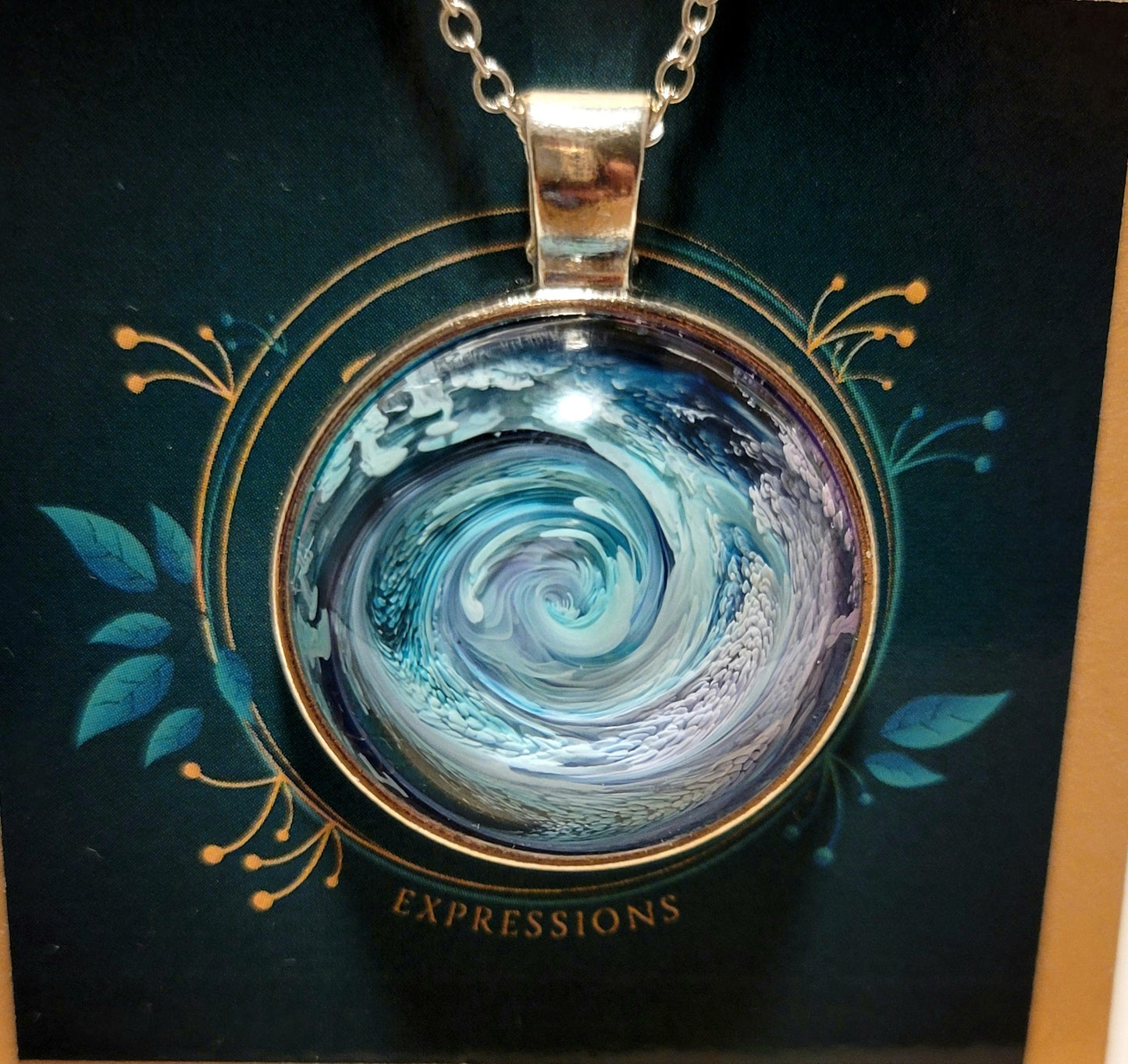 Handmade Resin Art Pendant with 18 inch silver plated necklace chain.