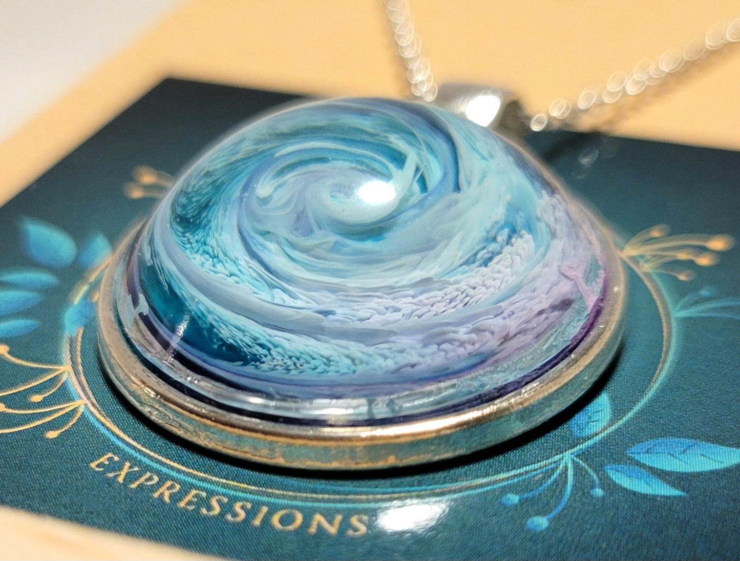 Handmade Resin Art Pendant with 18 inch silver plated necklace chain.