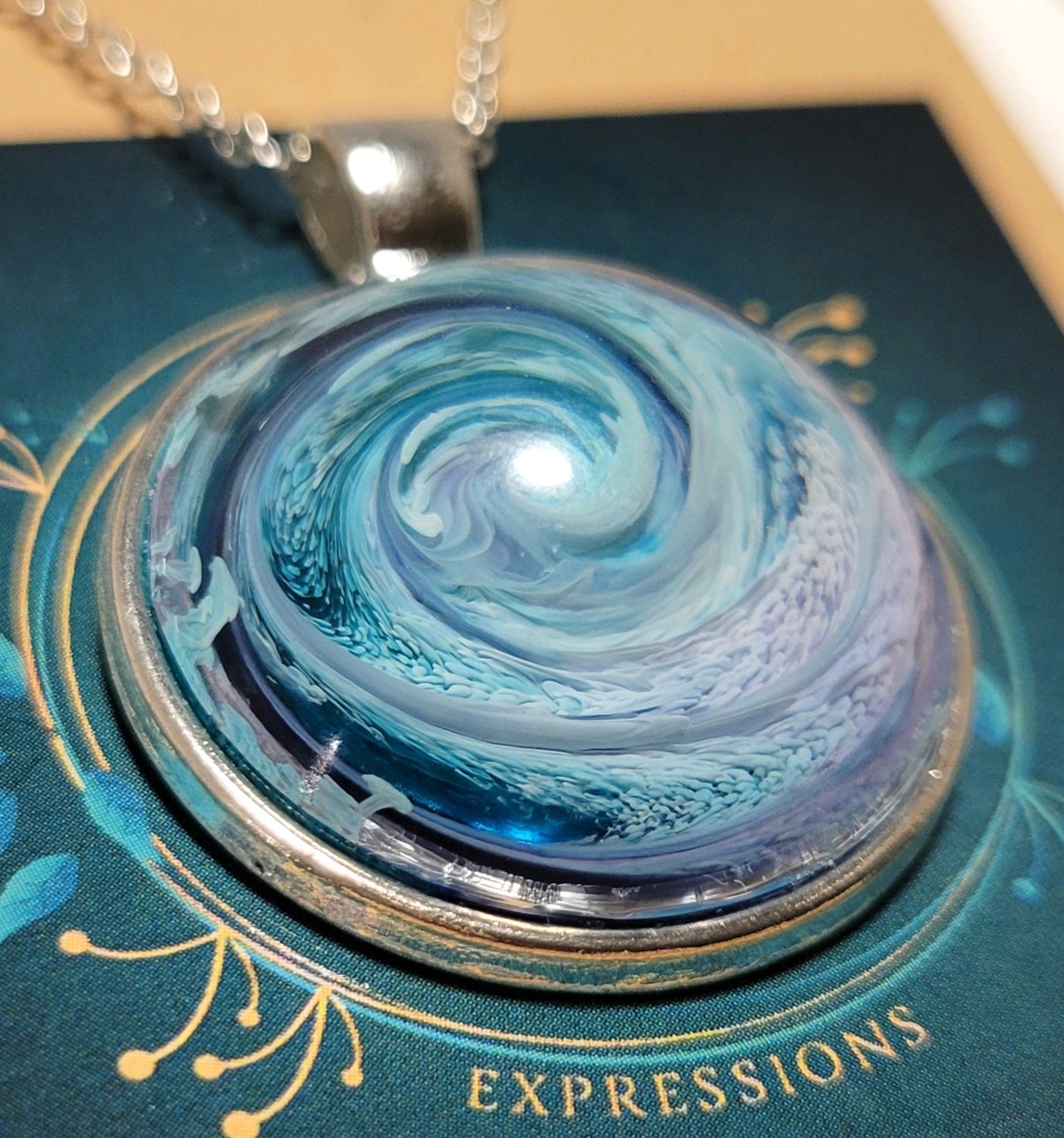 Handmade Resin Art Pendant with 18 inch silver plated necklace chain.