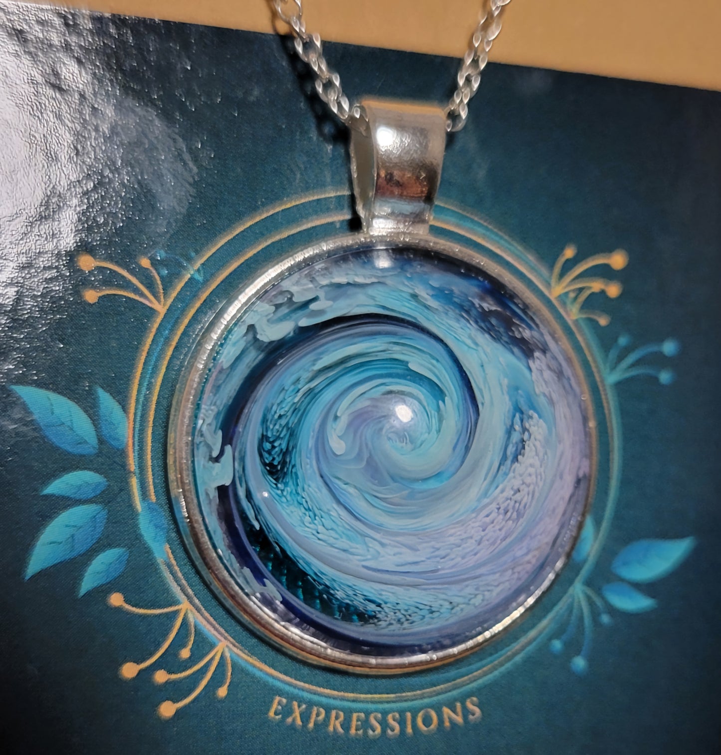 Handmade Resin Art Pendant with 18 inch silver plated necklace chain.