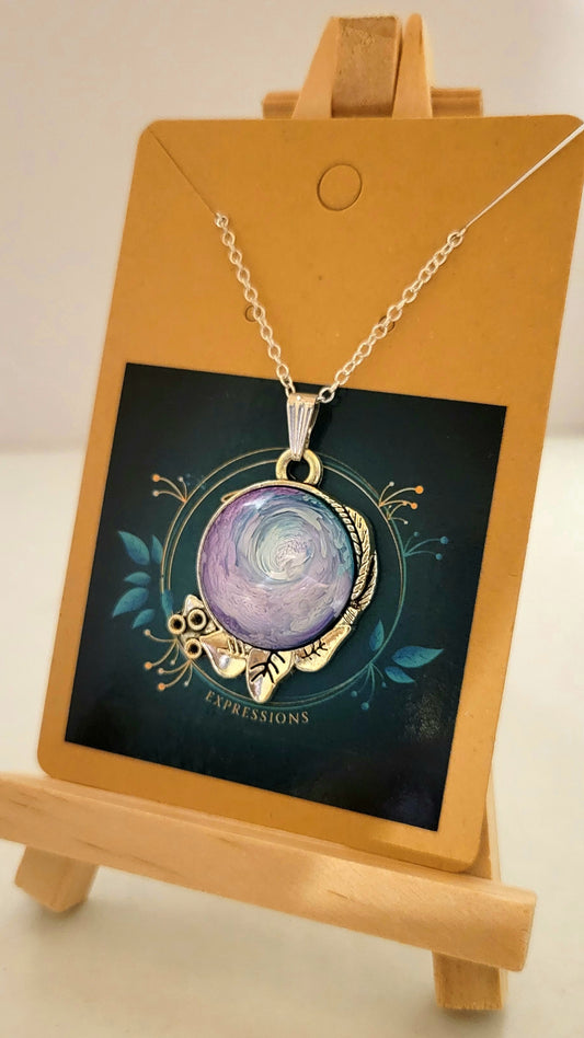 Handmade Resin Art Pendant with 18 inch silver plated necklace chain.