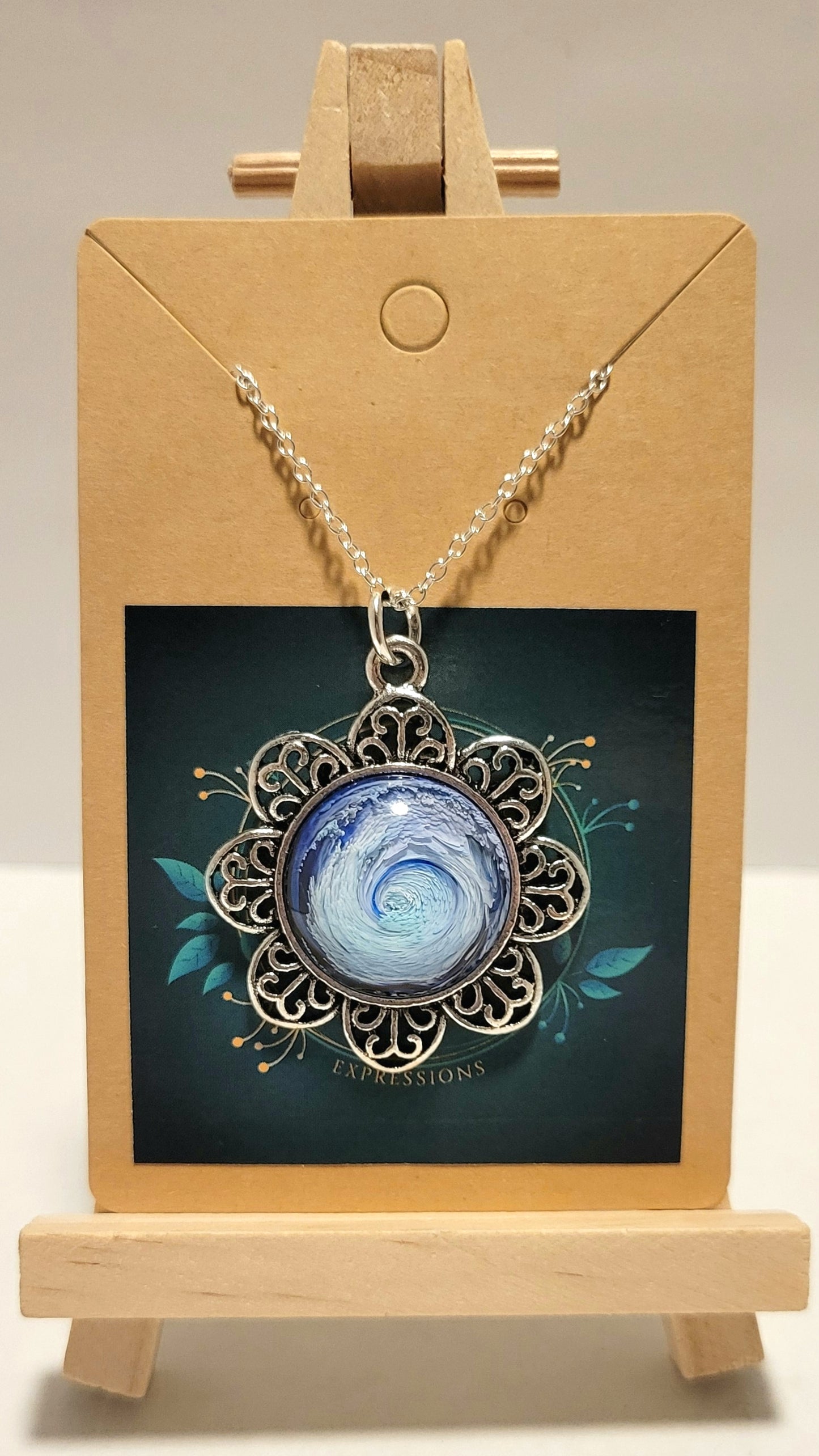 Handmade Resin Art Flower Pendant with 18" inch silver plated necklace chain.