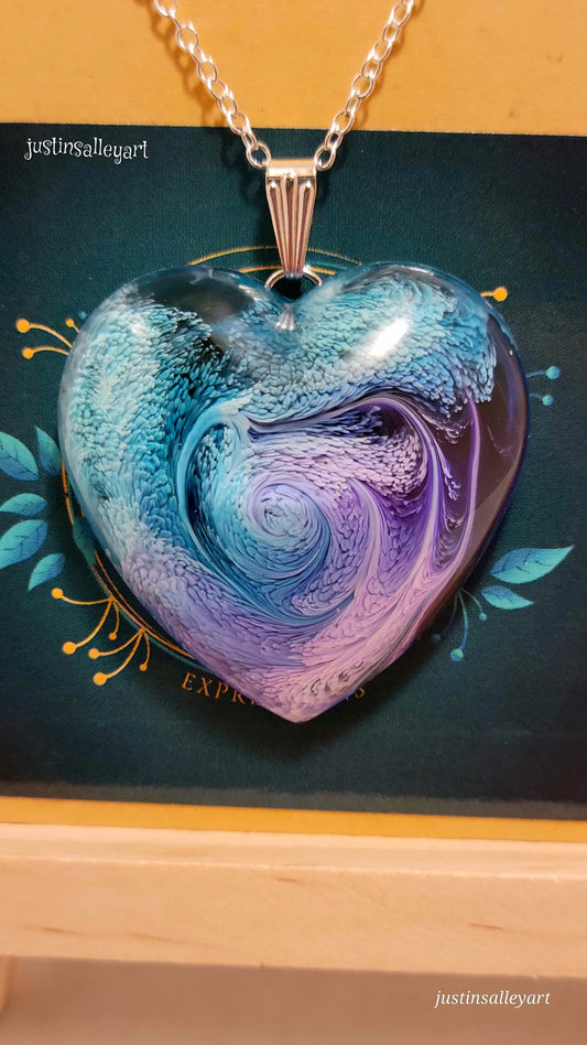 Handmade Resin Art Heart Pendant with 18" inch silver plated necklace chain.