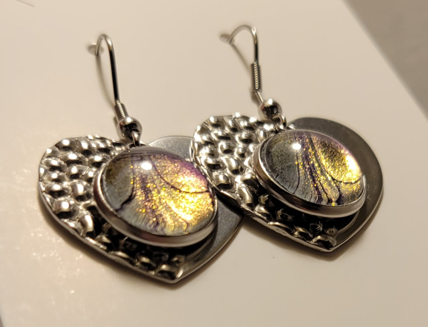 Handmade Colorshifting Silver Heart Hook Earrings