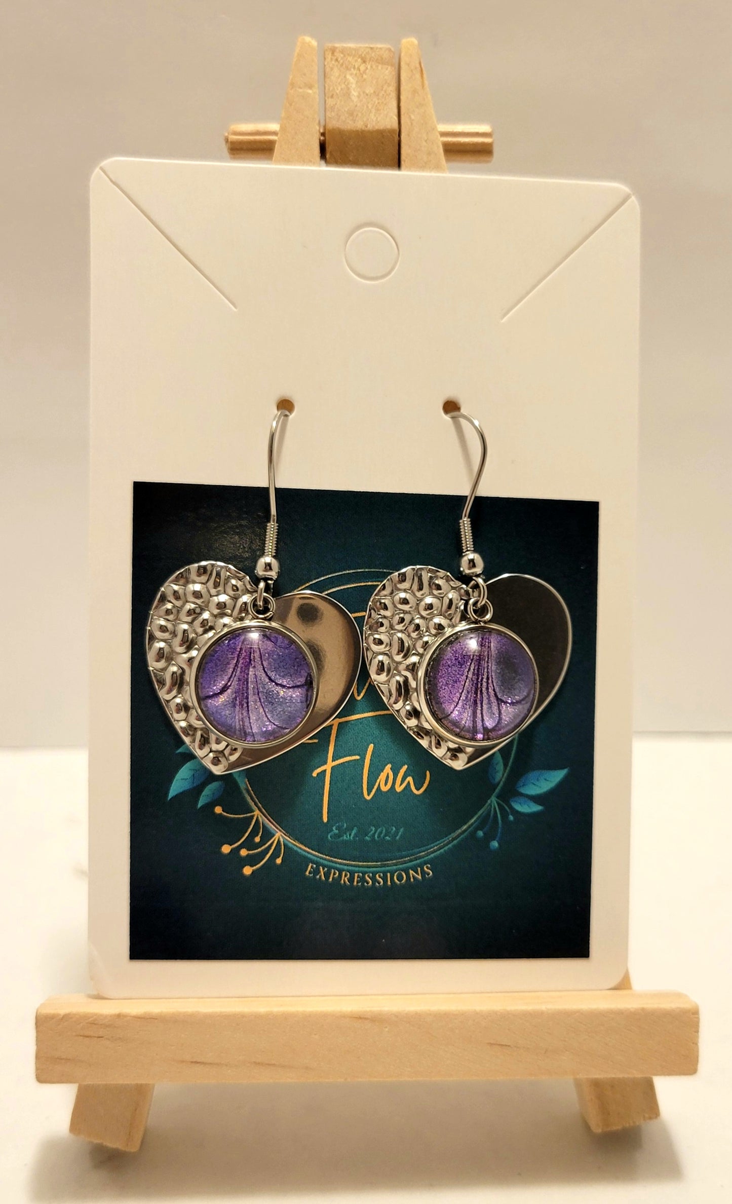 Handmade Colorshifting Silver Heart Hook Earrings