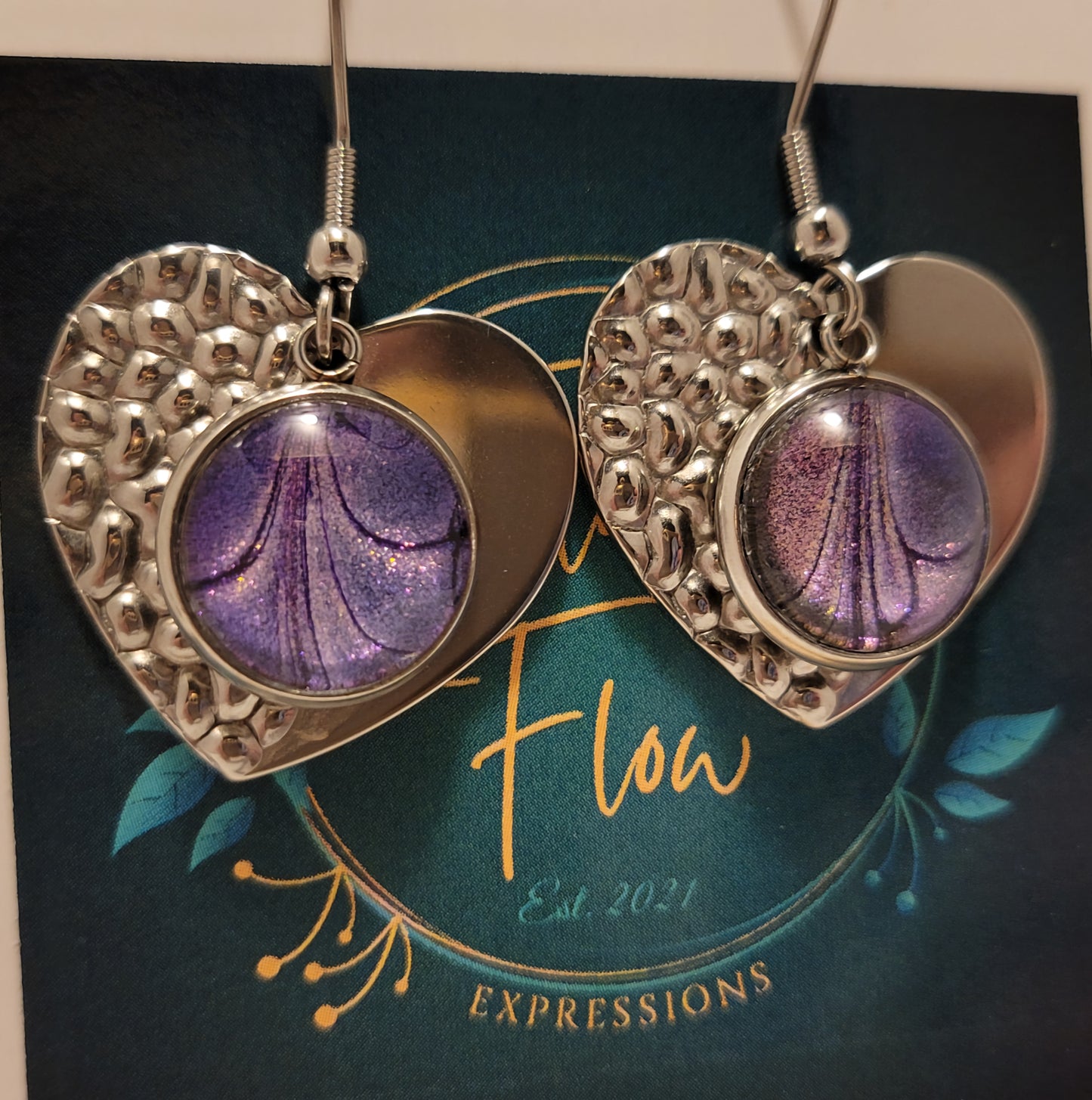 Handmade Colorshifting Silver Heart Hook Earrings