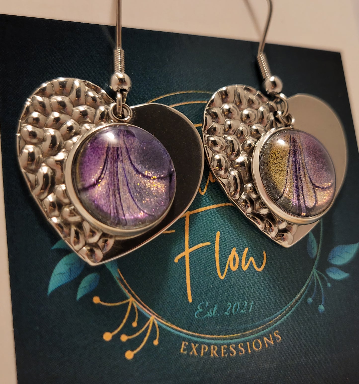 Handmade Colorshifting Silver Heart Hook Earrings