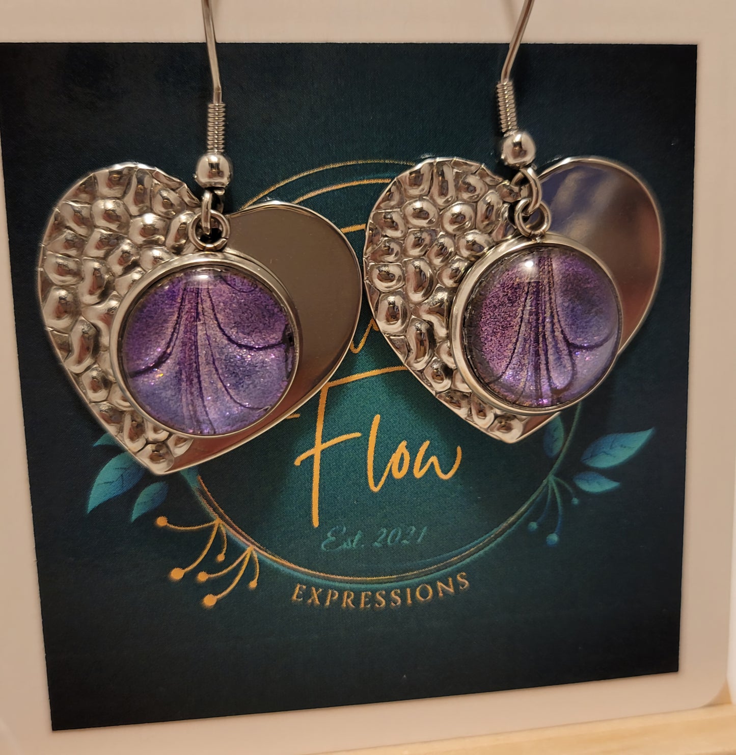 Handmade Colorshifting Silver Heart Hook Earrings