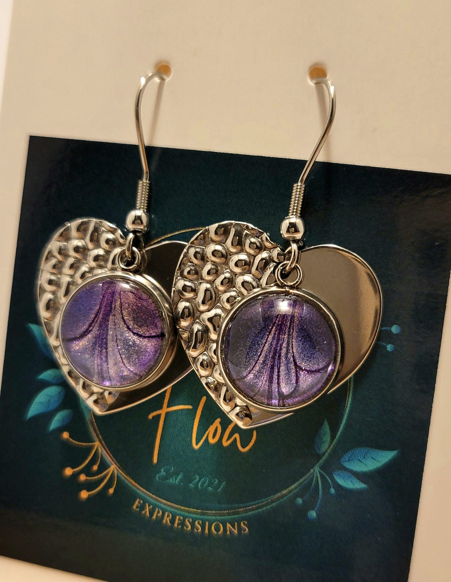 Handmade Colorshifting Silver Heart Hook Earrings