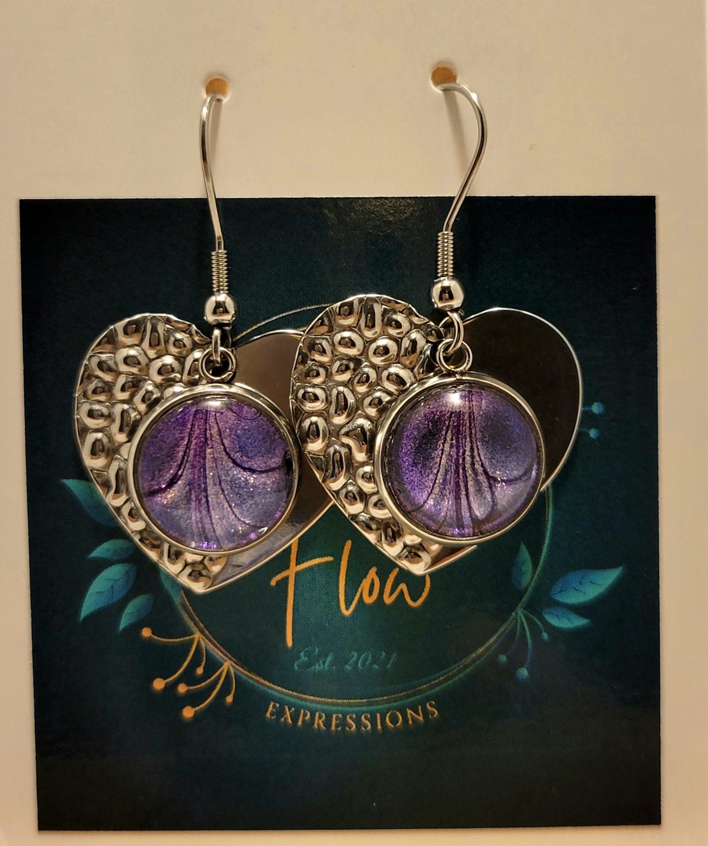 Handmade Colorshifting Silver Heart Hook Earrings