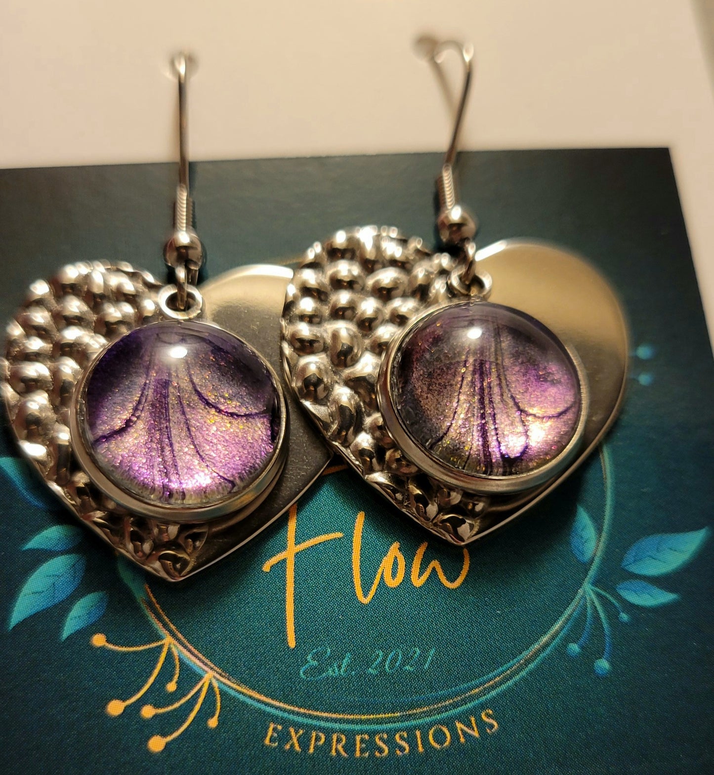 Handmade Colorshifting Silver Heart Hook Earrings