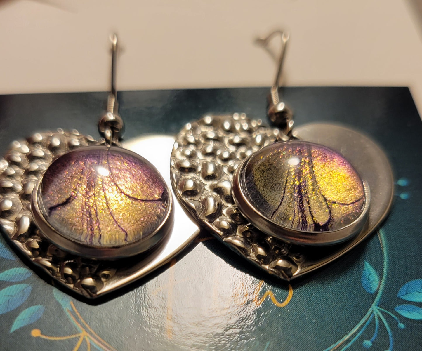 Handmade Colorshifting Silver Heart Hook Earrings