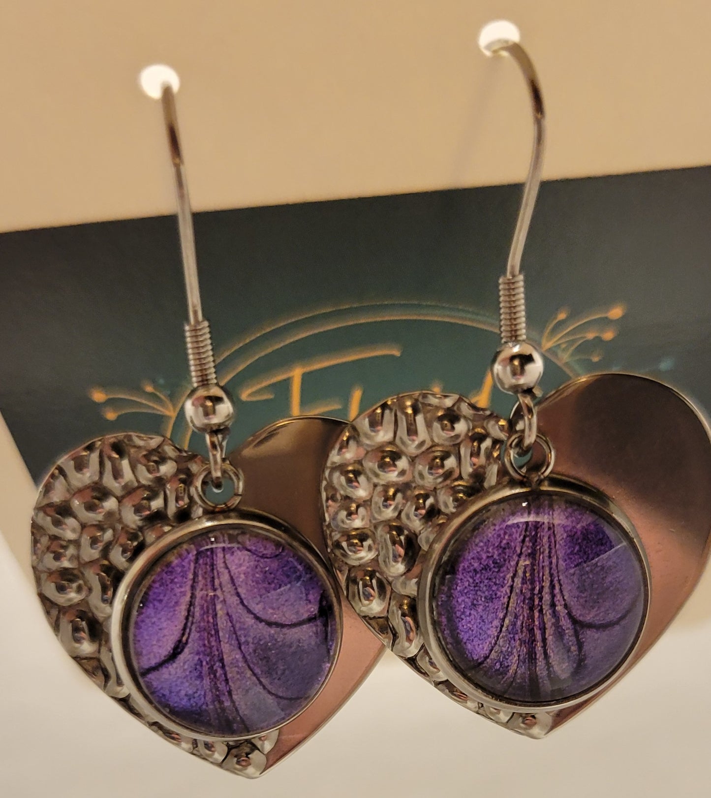 Handmade Colorshifting Silver Heart Hook Earrings