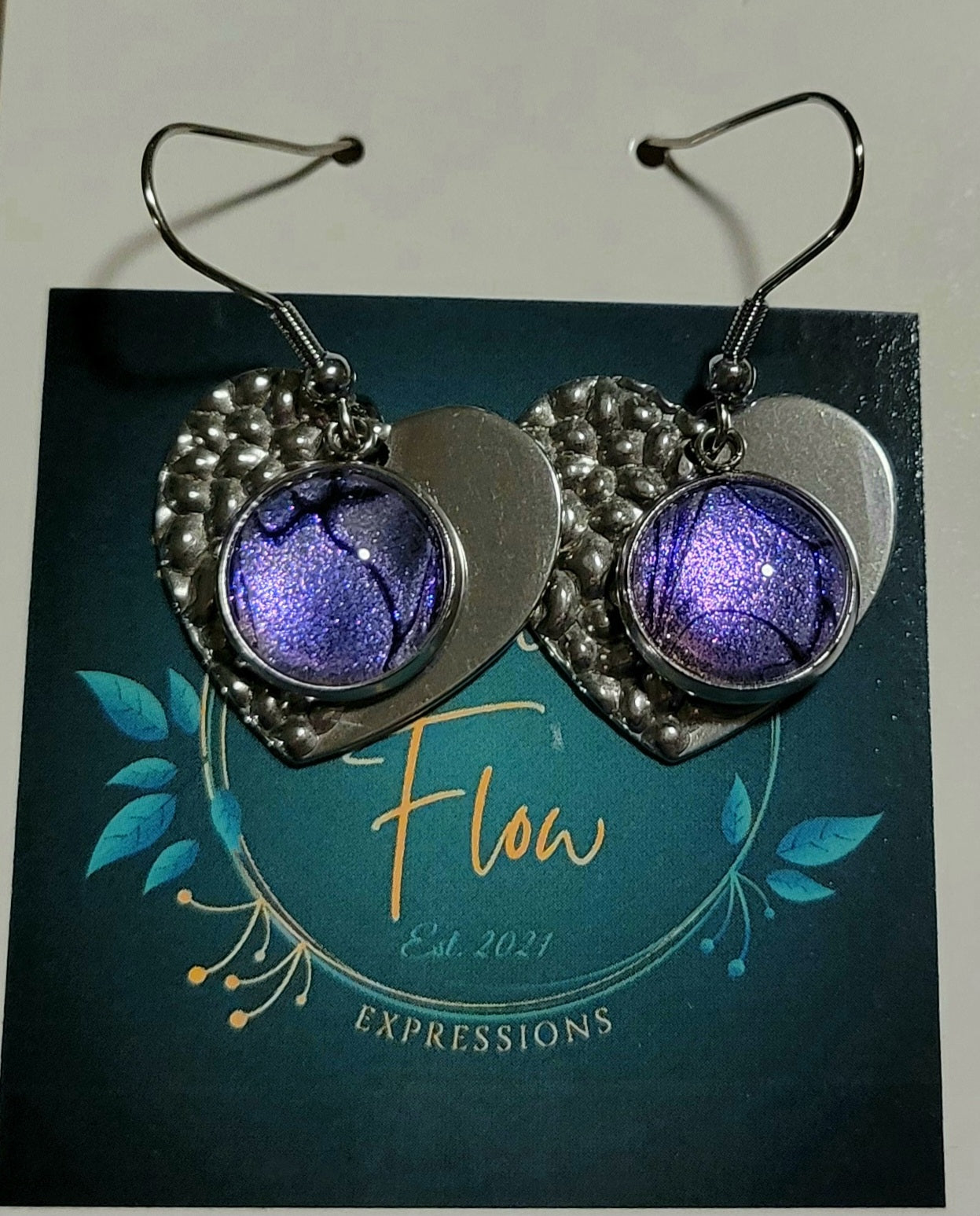 Handmade Colorshifting Silver Heart Hook Earrings