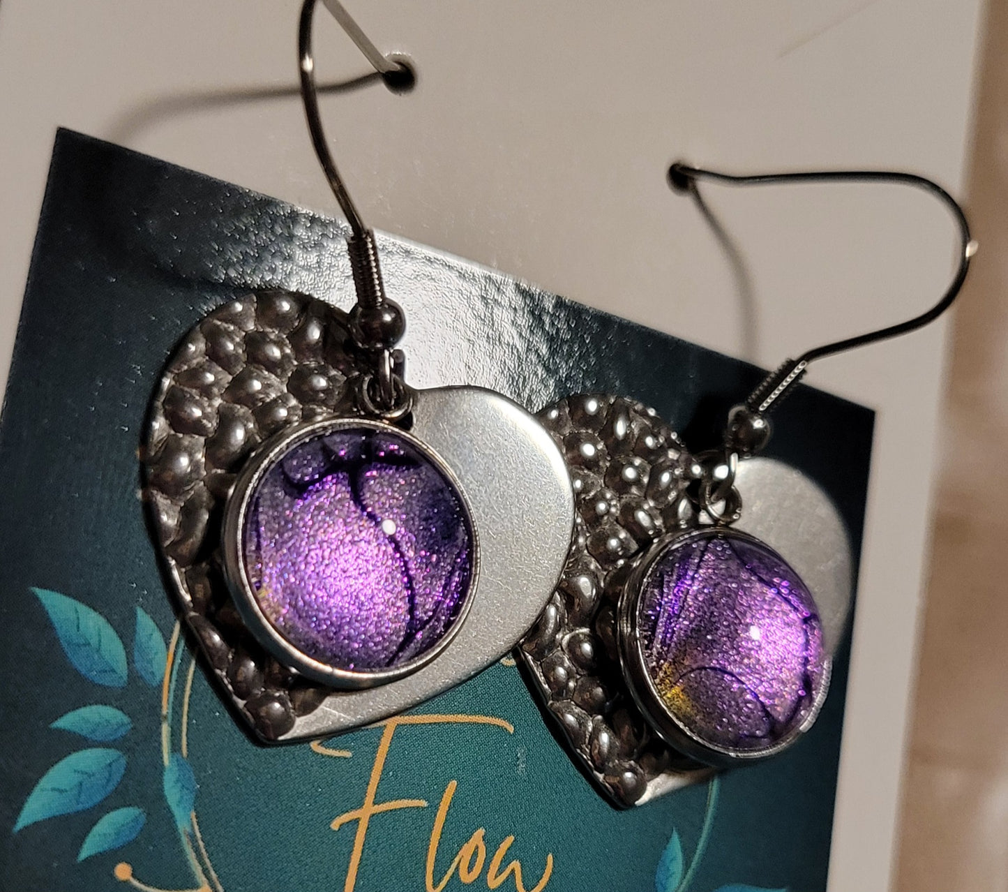 Handmade Colorshifting Silver Heart Hook Earrings