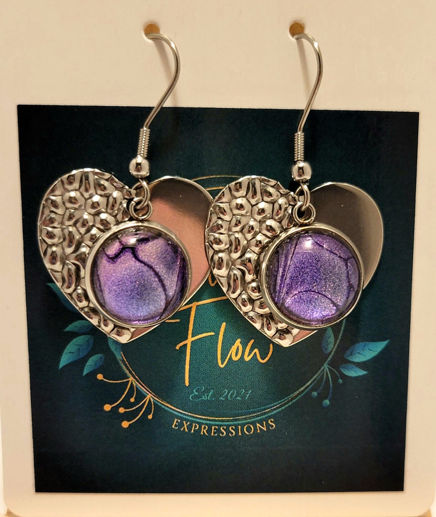 Handmade Colorshifting Silver Heart Hook Earrings