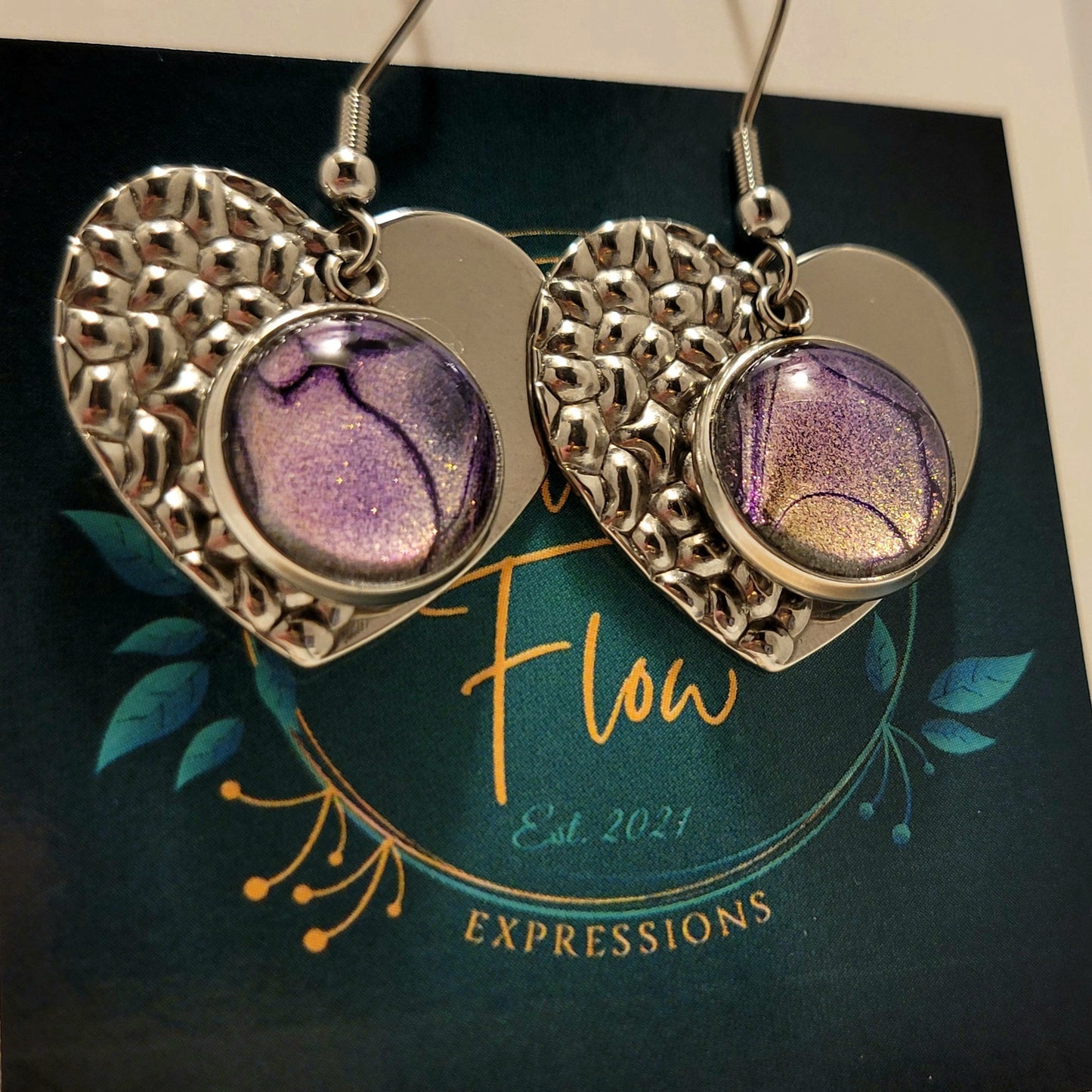 Handmade Colorshifting Silver Heart Hook Earrings