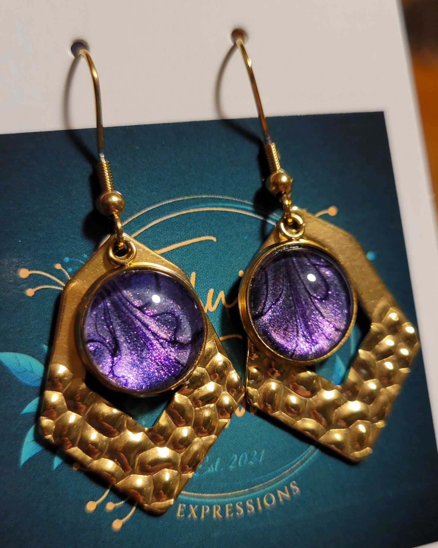 Handmade Colorshifting Gold Decorative Hook Earrings