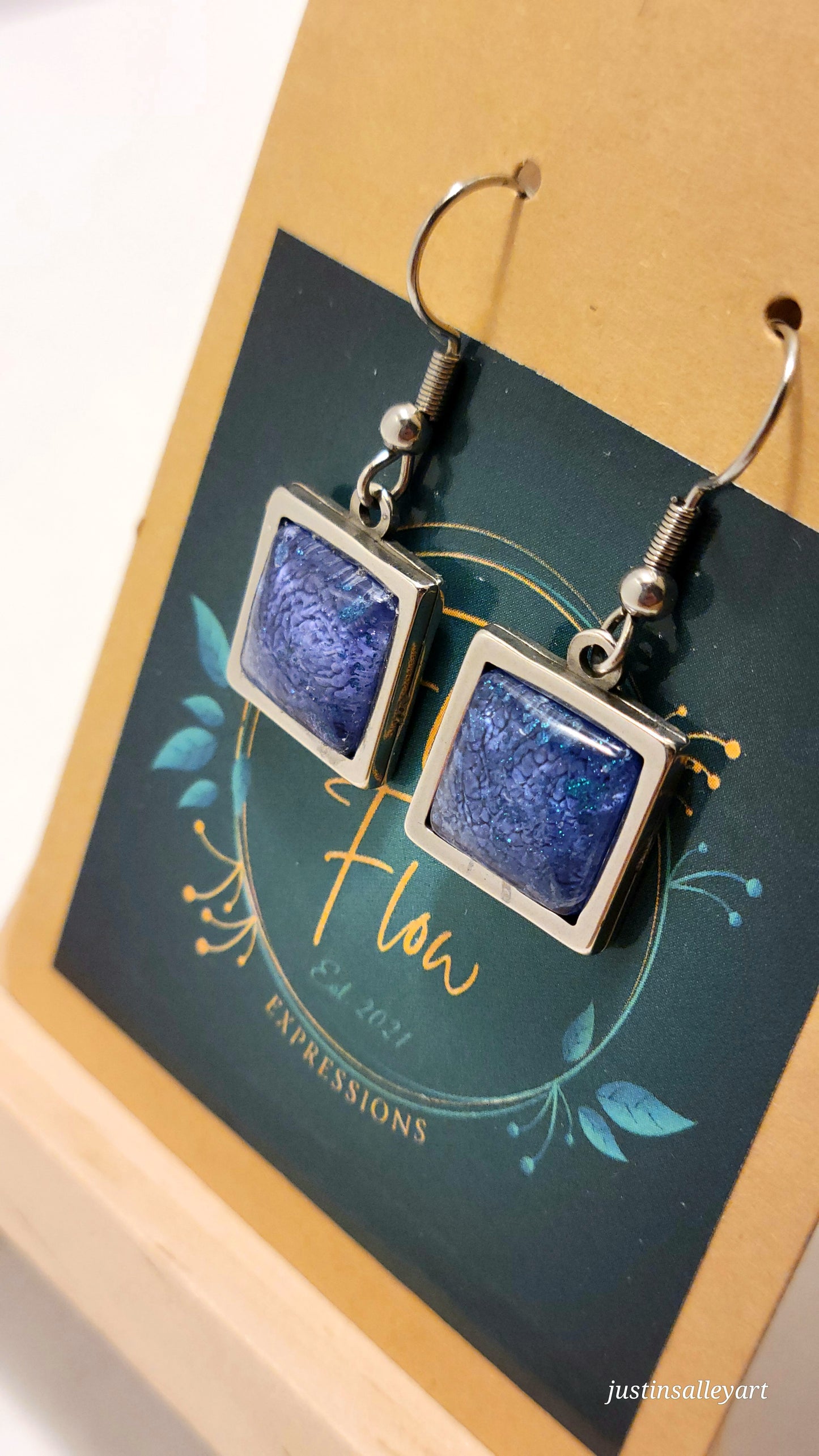 Handmade Resin Art Square Colorshifting Hook Earrings