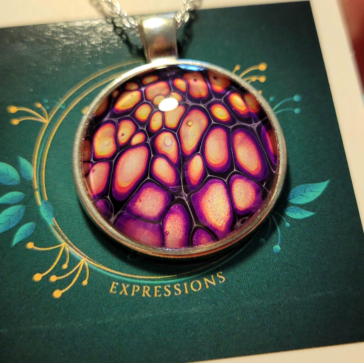 Handmade Fluid Art Pendant with 20 inch silver plated necklace chain