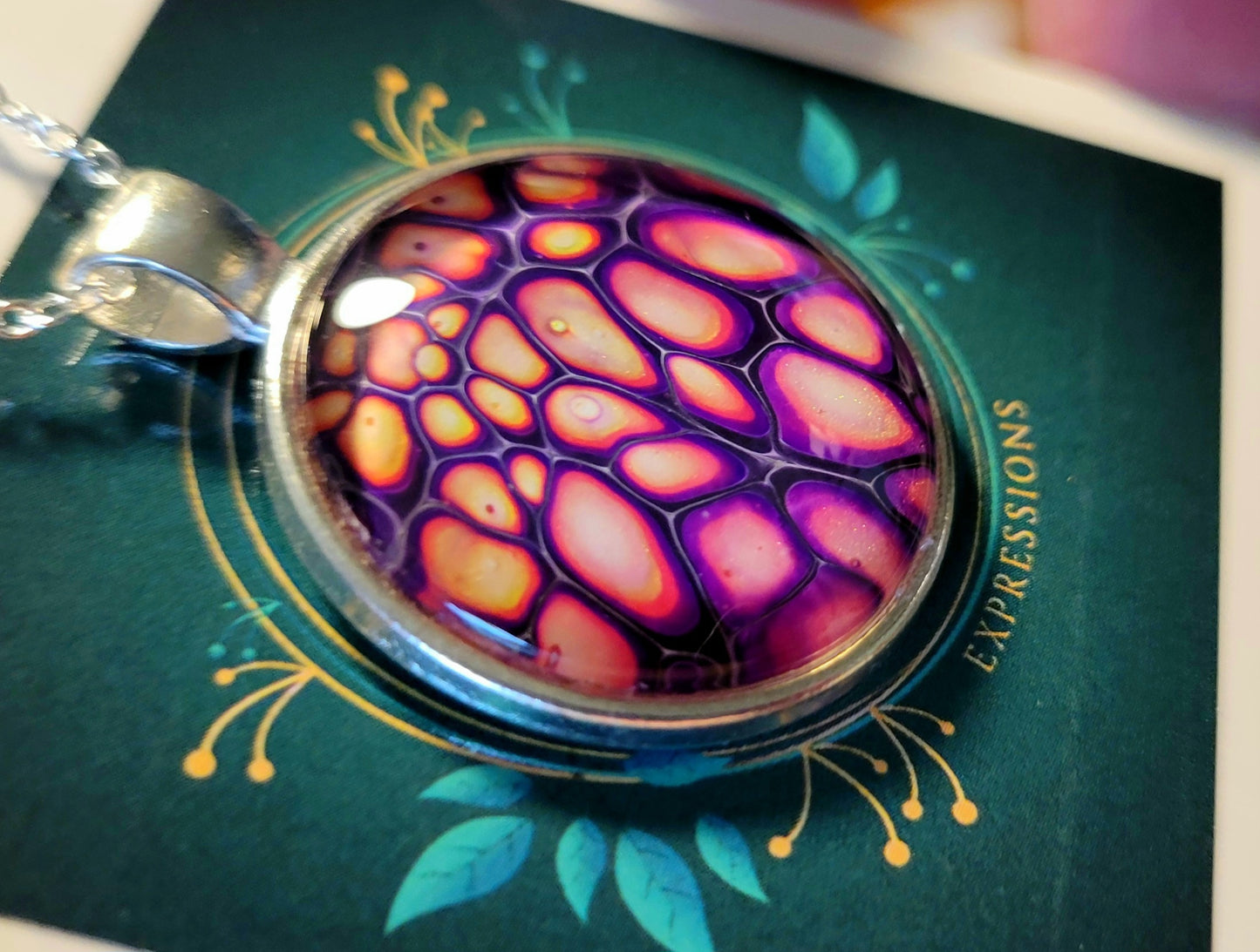 Handmade Fluid Art Pendant with 20 inch silver plated necklace chain