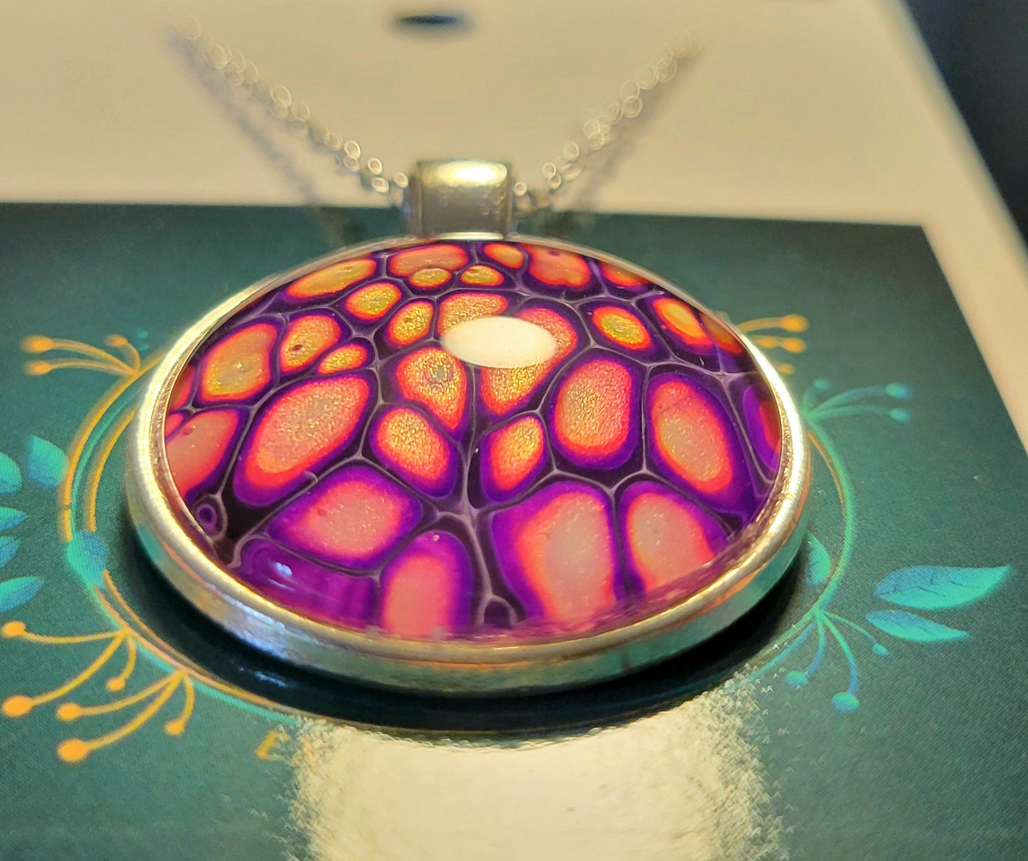 Handmade Fluid Art Pendant with 20 inch silver plated necklace chain