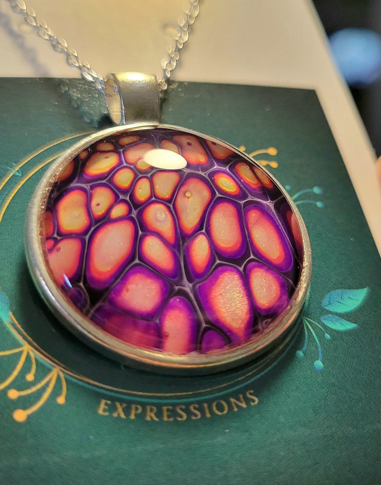 Handmade Fluid Art Pendant with 20 inch silver plated necklace chain