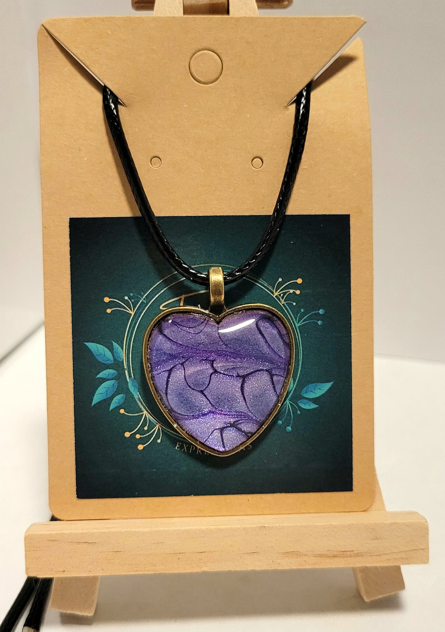 Handmade Fluid Art Heart Pendant with Braided Wax Leather Rope Necklace