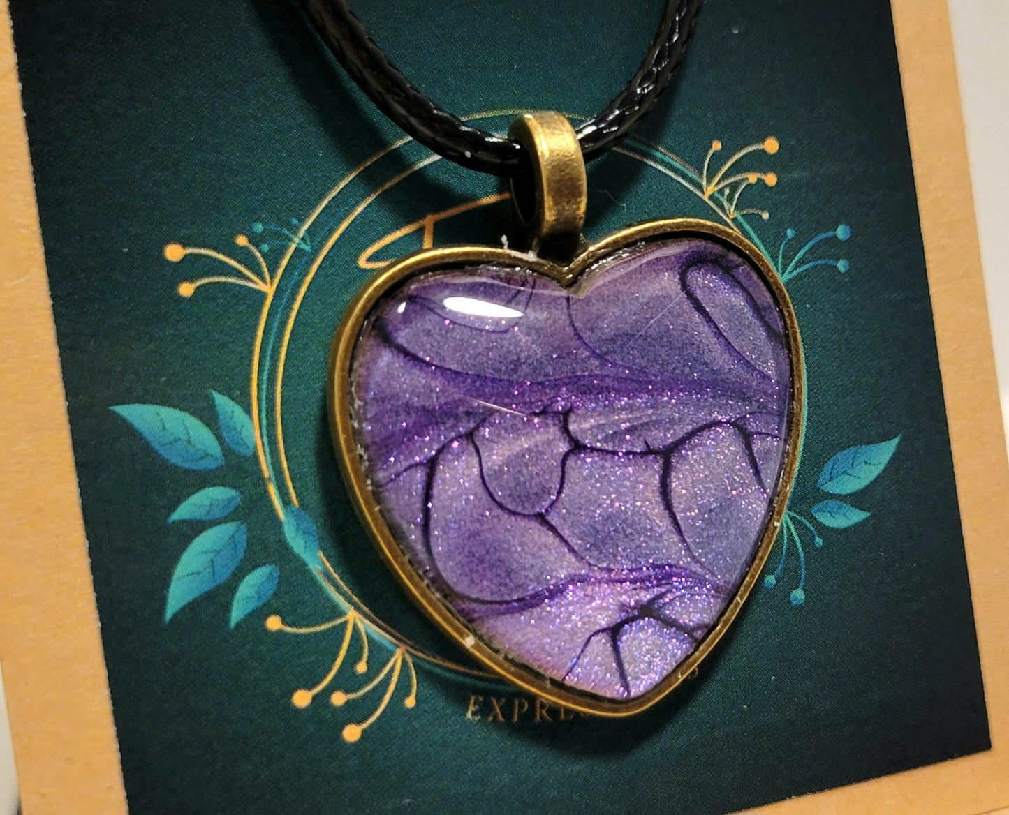 Handmade Fluid Art Heart Pendant with Braided Wax Leather Rope Necklace